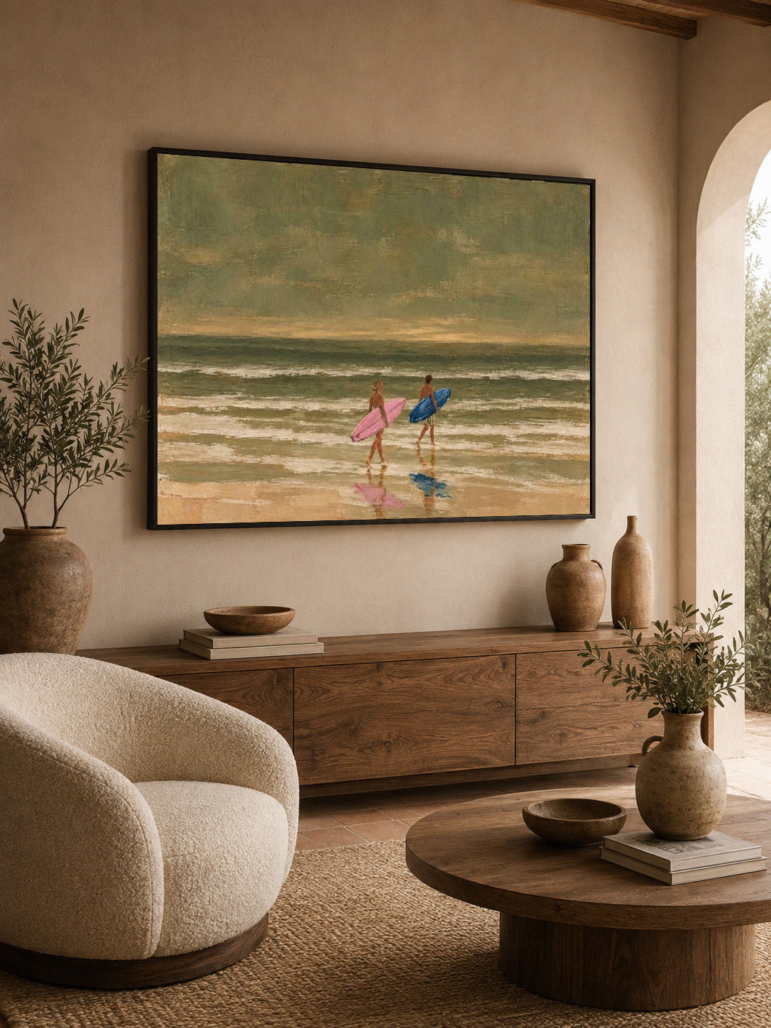 Couples Surfing Canvas Art, Pink And Blue Surfboard Beach Decor, Vintage Coastal Ocean Painting