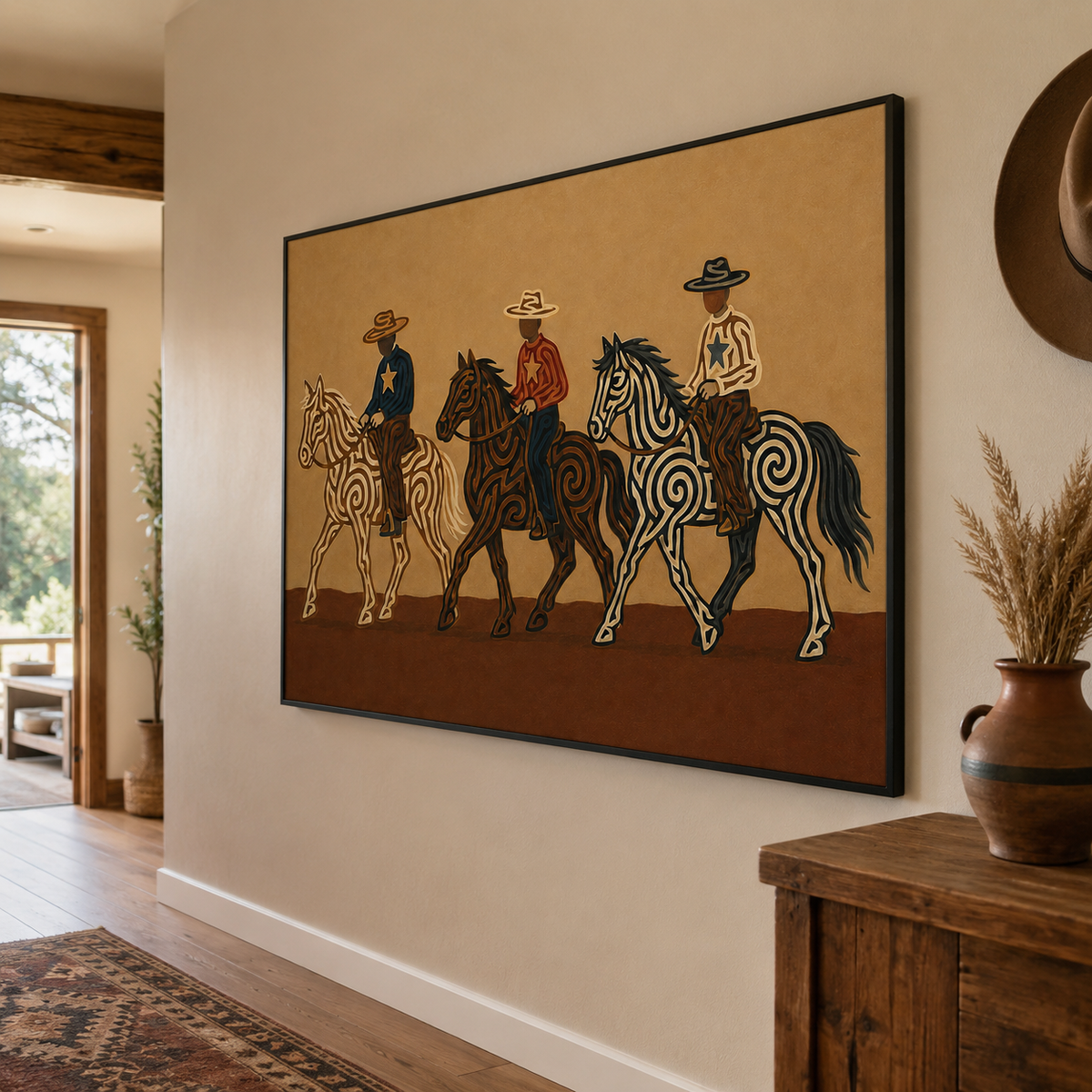 Three Cowboys Horse Painting, Western Ranch Riders, Earth Tone Southwestern Folk Art