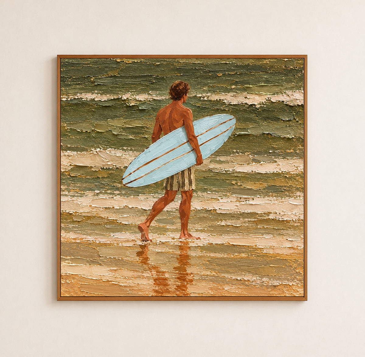 Blue Surfboard Canvas Art, Heavy Impasto Ocean Waves Painting, Coastal Beach House Wall Decor