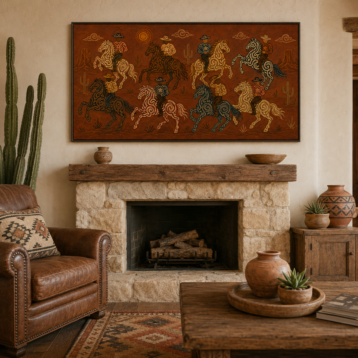Wild West Cowboy Riders Painting, Panoramic Desert Horse Art, Rustic Southwestern Ranch Decor
