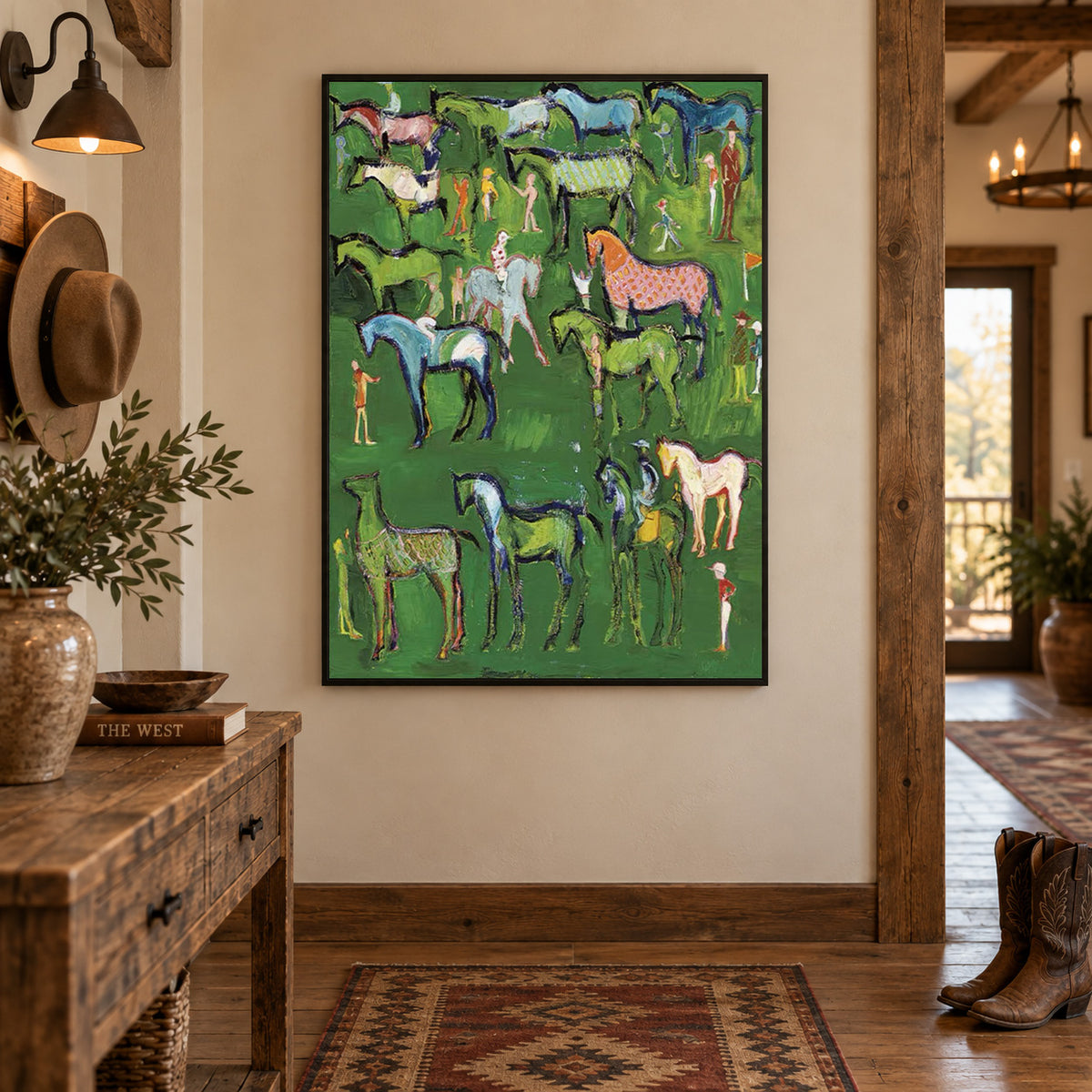 Hand-Painted Folk Horse Painting With Colorful Horses On Green Canvas Art