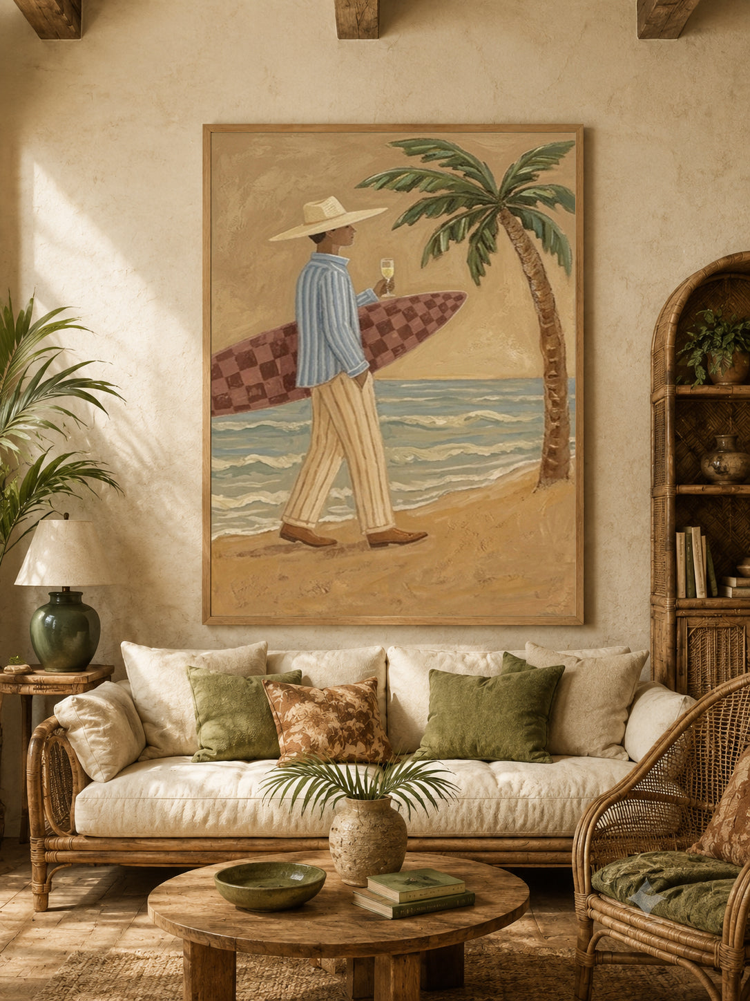 Vintage Surfer With Wine Glass Painting For Coastal Home Decor