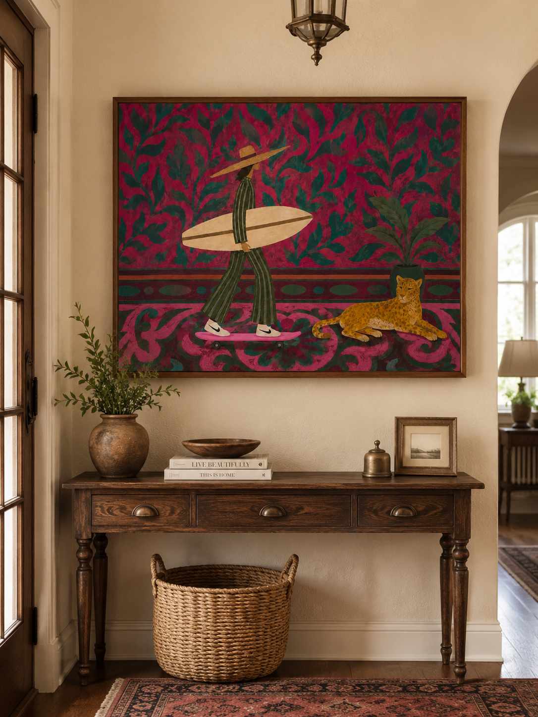 Tropical Folk Surf Woman With Cheetah Pink Floral Background Original Oil Painting For Living Room Decor