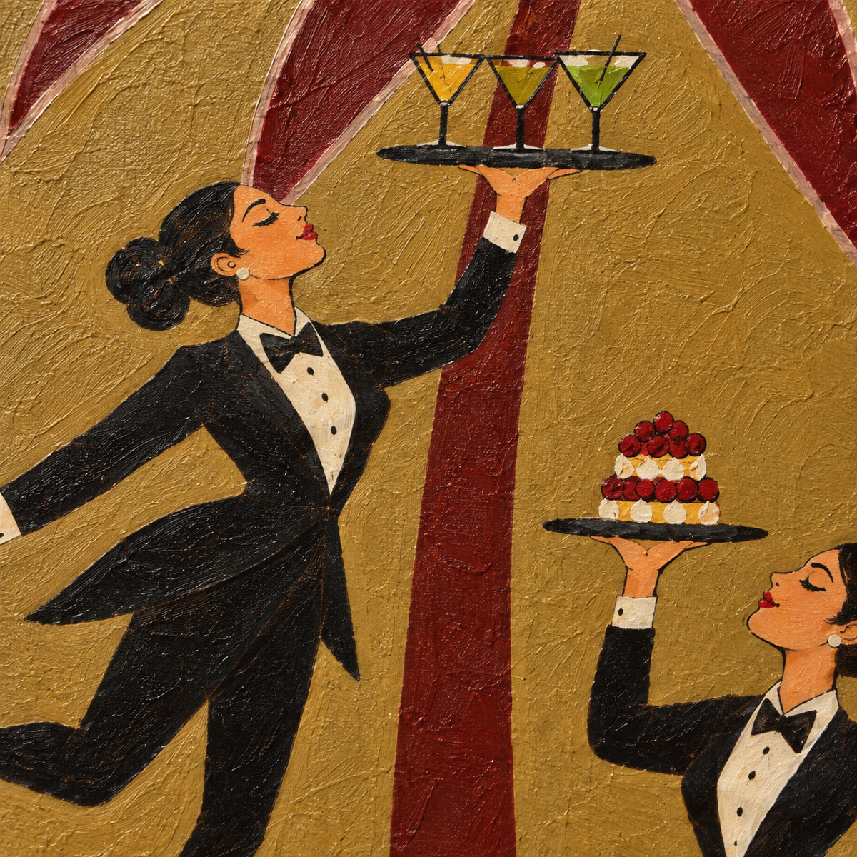 Vintage Women In Tuxedos Serving Cocktails Square Canvas Art With Red Palm Tree