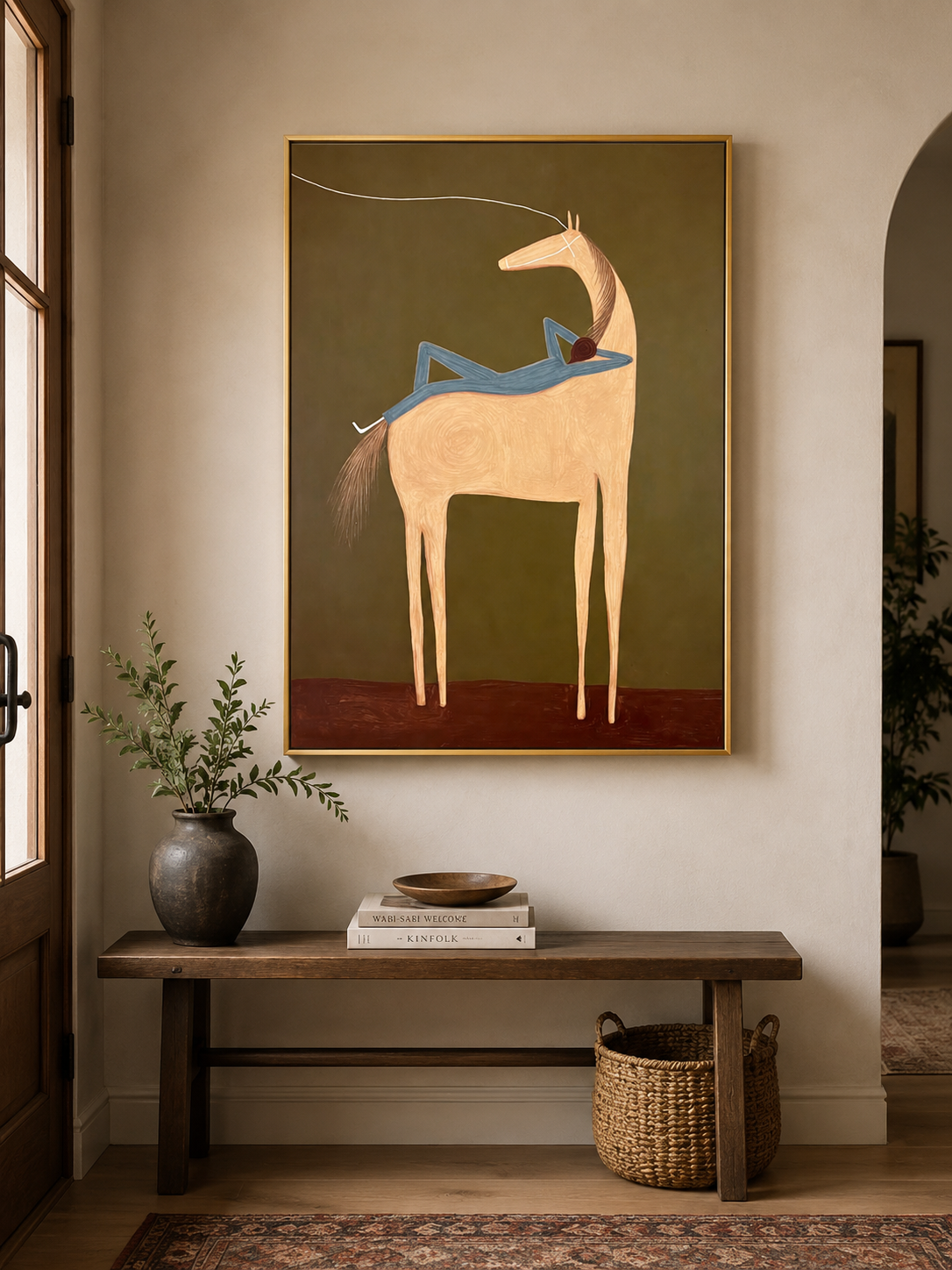 Olive Green And Beige Animal Art Hand Painted Canvas For Bedroom Wall