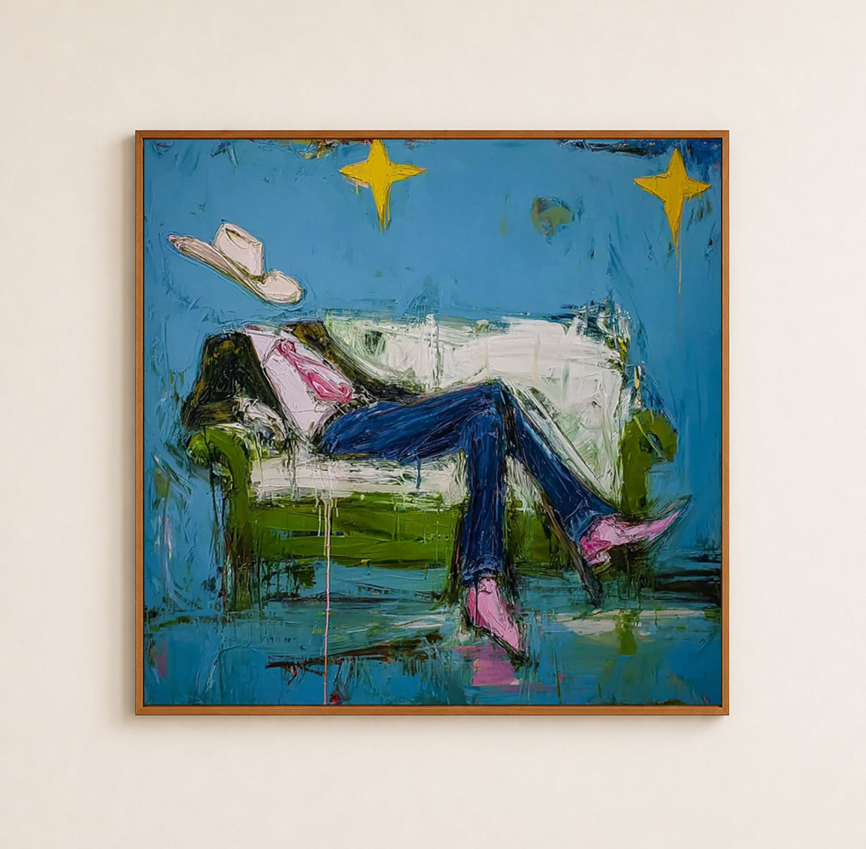Surreal Cowboy Art With Stars And Green Sofa Modern Wall Decor For Living Room