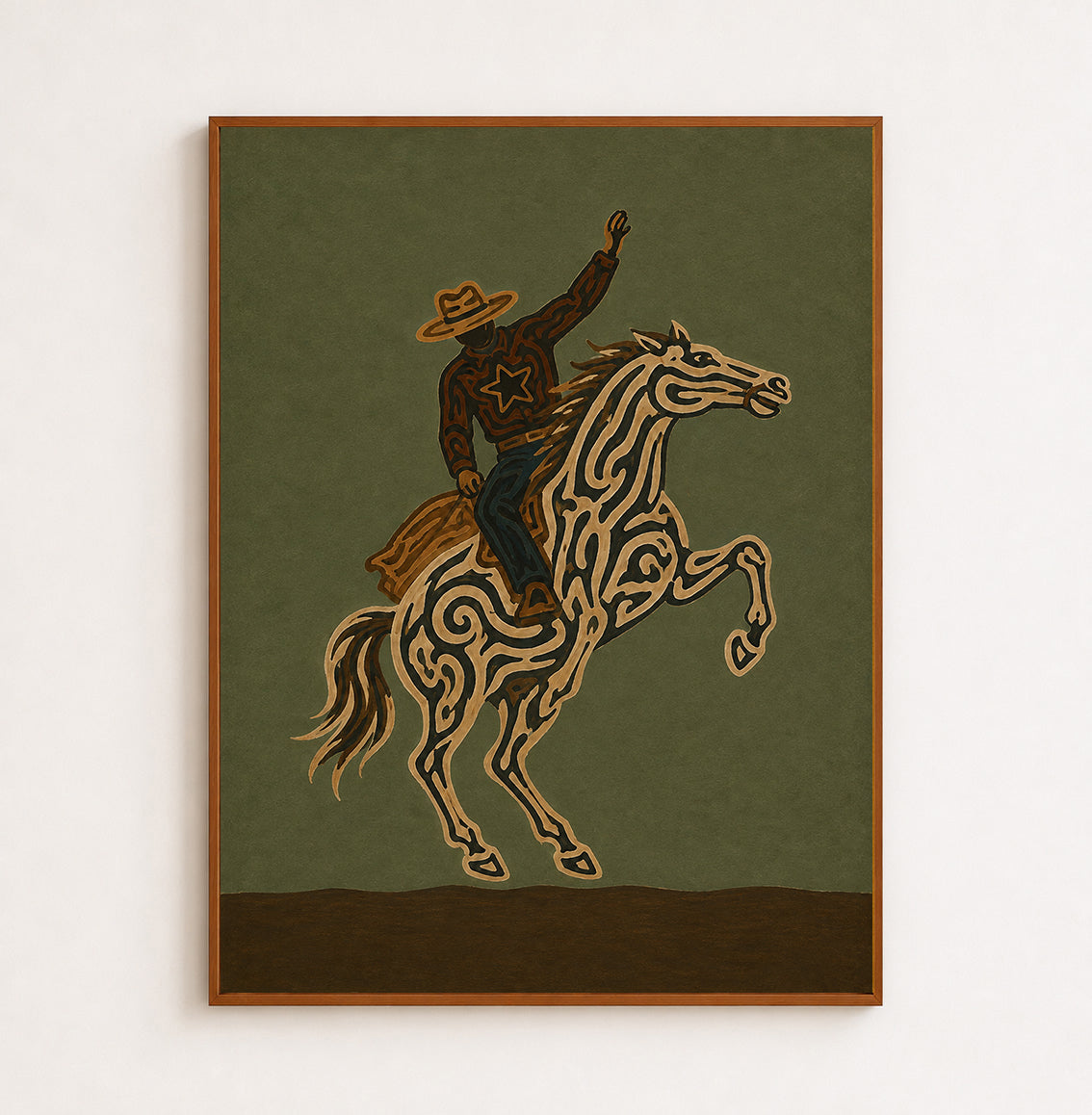 Olive Green Wall Art Dynamic Cowboy Wall Art, Bucking Horse Painting, Wild West Equestrian Decor