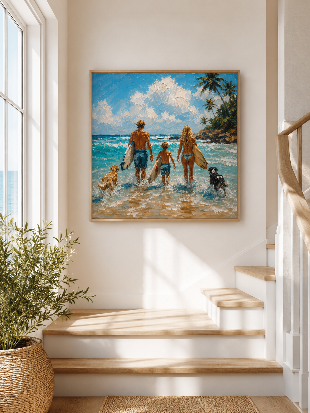 Summer Seaside Landscape Art Family Beach Surfing Painting With Dogs For Coastal Home Decor