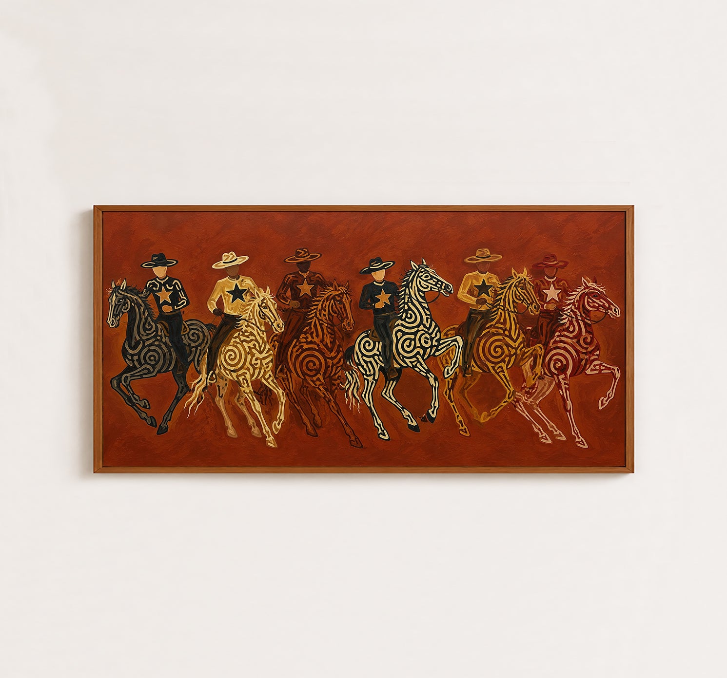 Panoramic Cowboy Horsemen Painting, Terracotta Western Riders, Rustic Ranch Wall Art