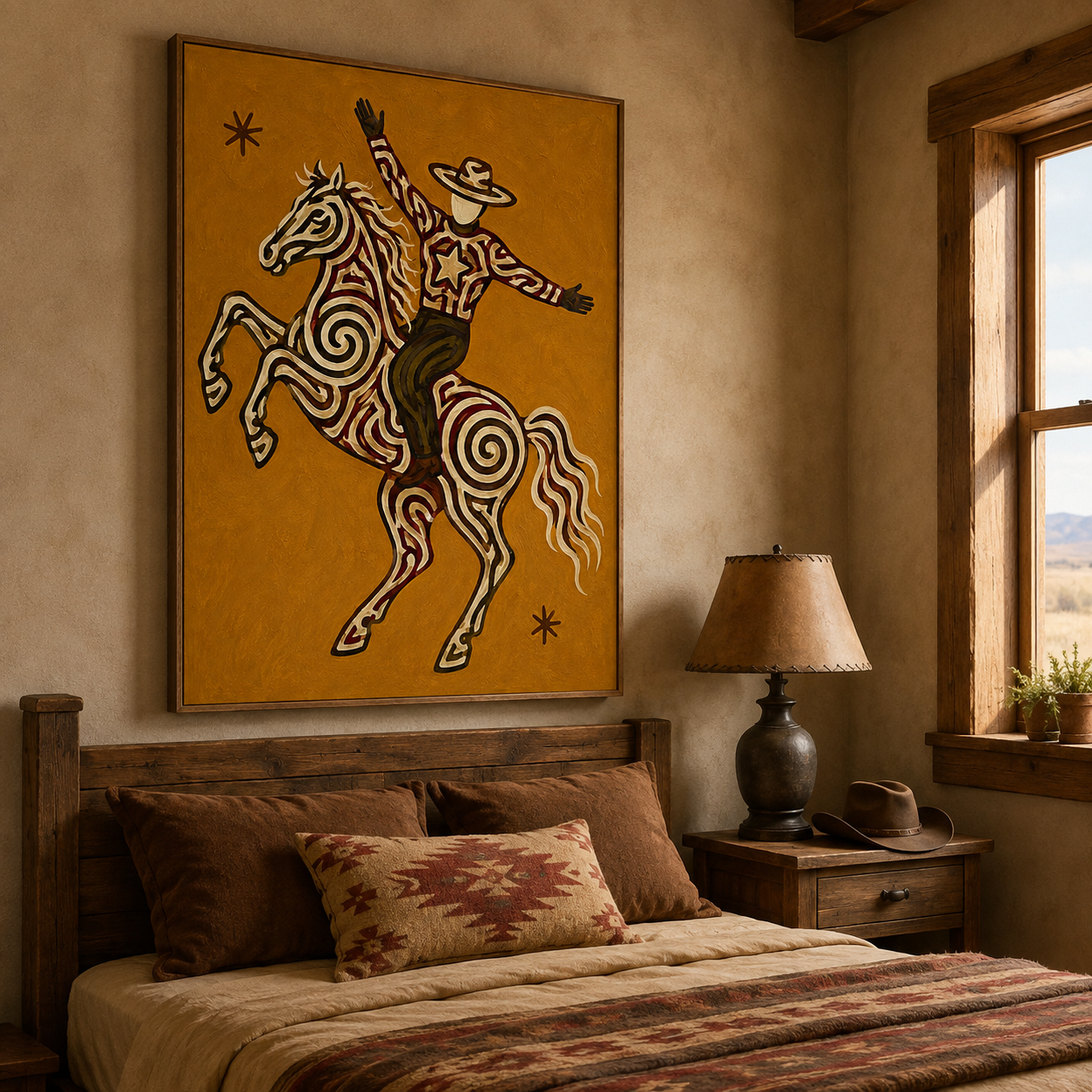 Vintage Western Wall Art, Ochre Cowboy Painting, Wild West Decor, Impasto Texture Canvas Art