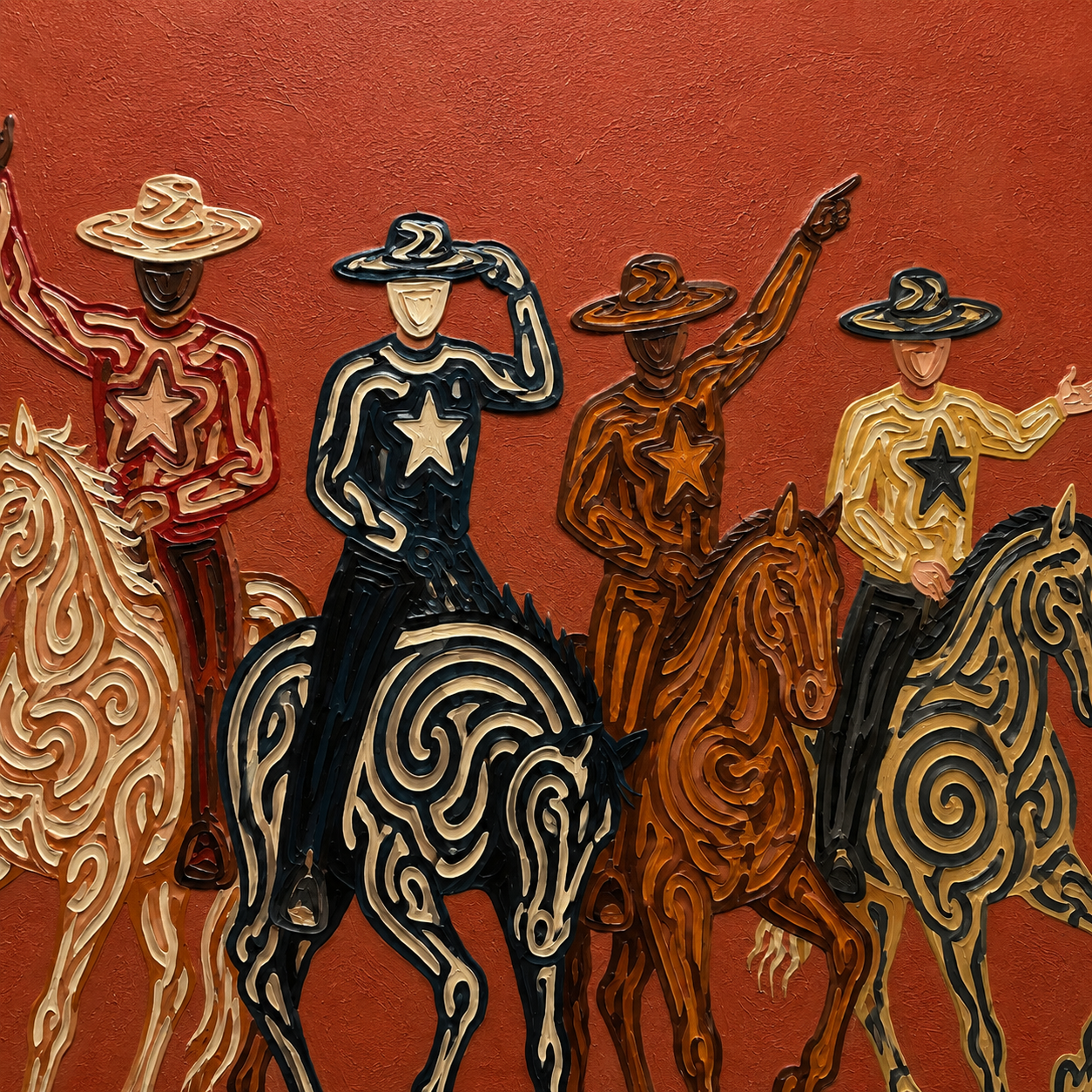 Four Cowboys Horse Painting, Colorful Western Riders, Terracotta Southwestern Wall Art