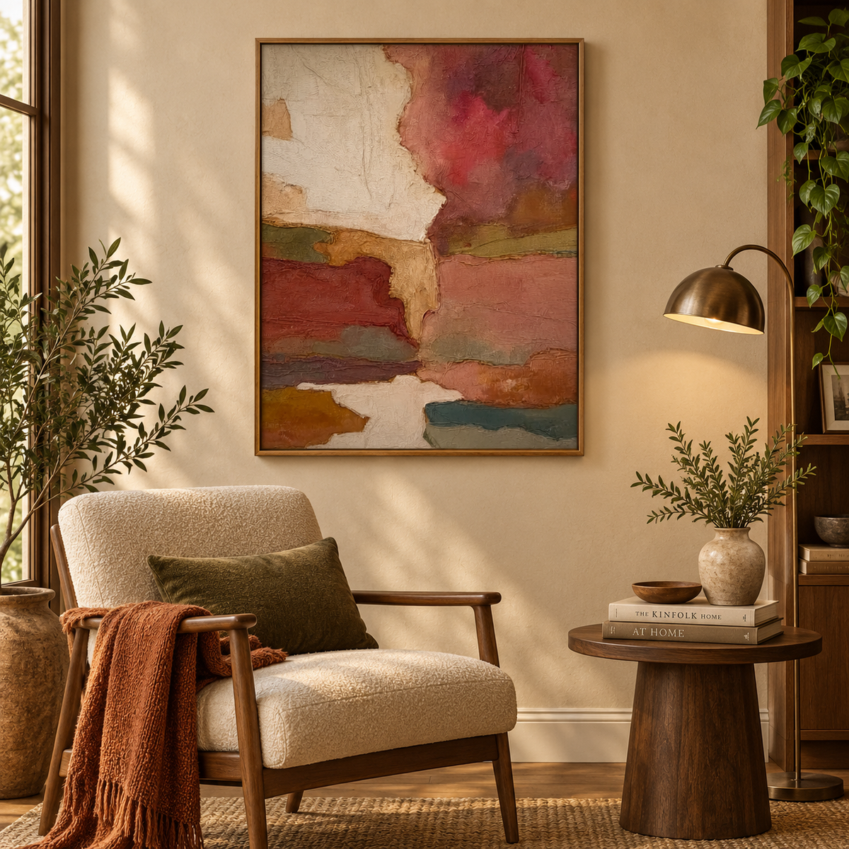 Earth Tone Art Vintage Terracotta Abstract Landscape Painting | Cream & Olive Organic Wall Art