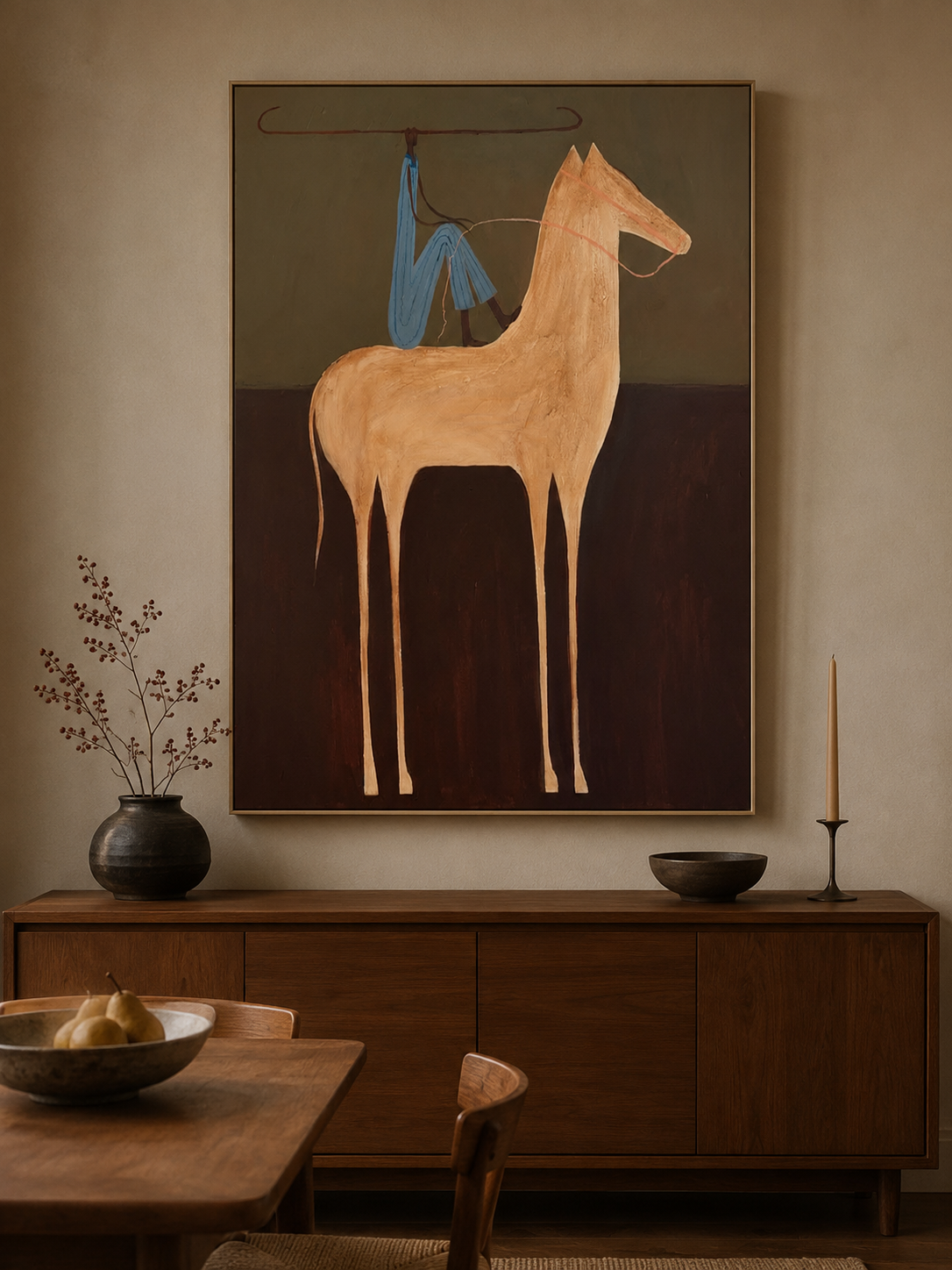 Minimalist Retro Horse Painting With Blue Figure For Modern Home Decor