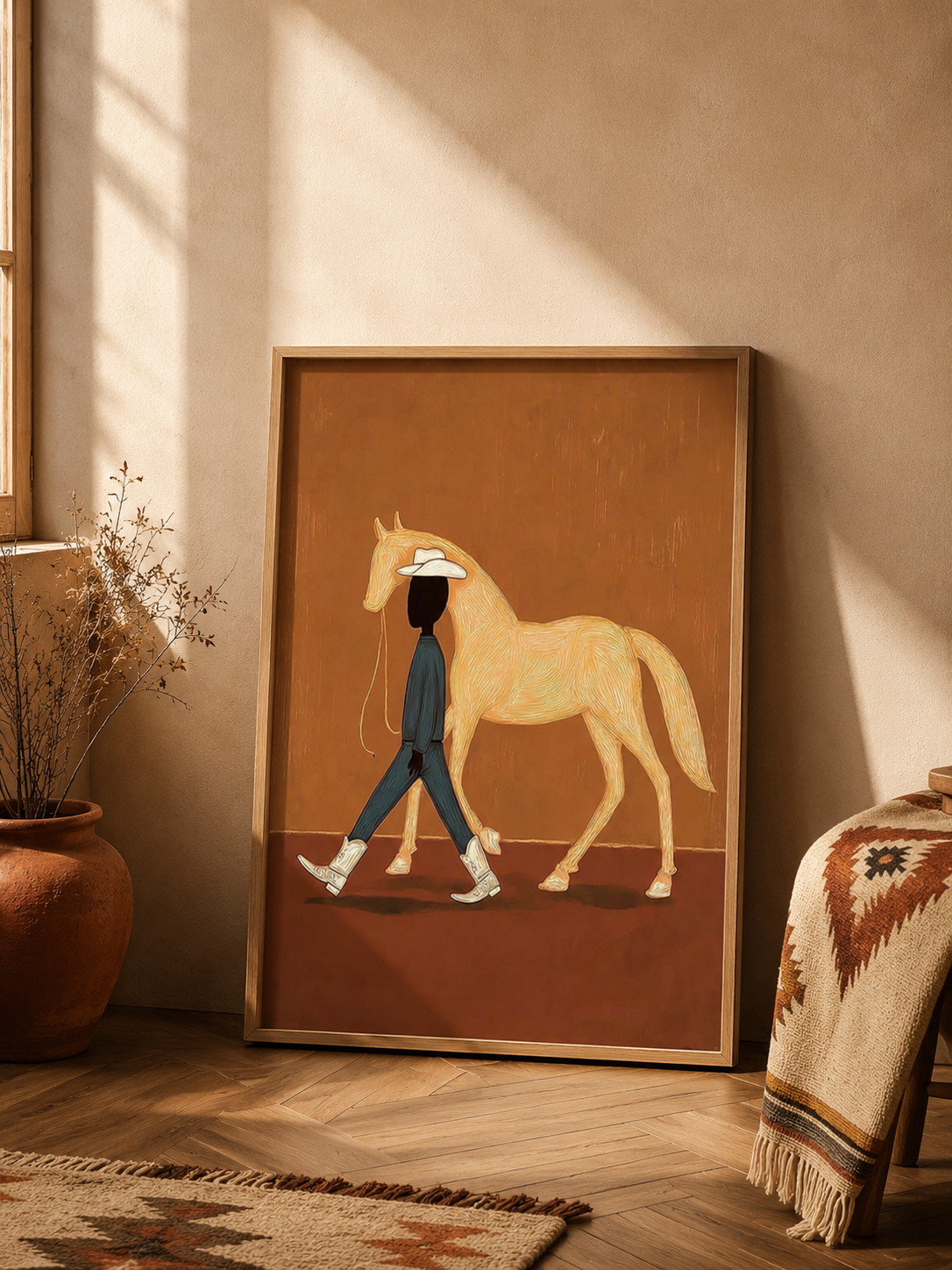 Minimalist Cowboy And Horse Painting Abstract Textured Wall Art For Modern Home Decor