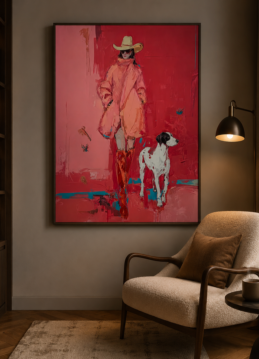 Bold Red Fashion Figure With Dog Original Oil Painting For Modern Home Decor