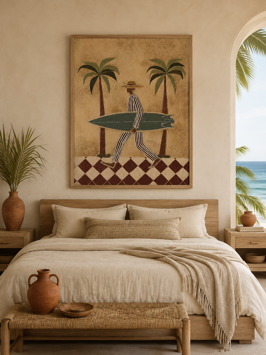 Vintage Surf Art With Brown Checkered Floor And Green Board For Beach Home Decor