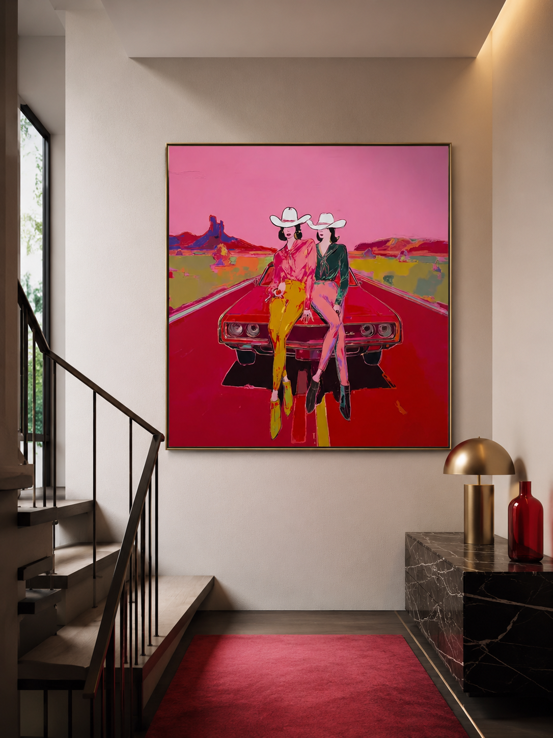 Vibrant Pink Cowgirl Pop Art Painting On Canvas For Modern Western Home Decor