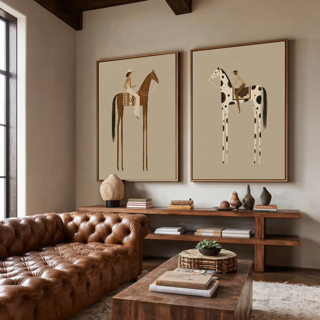 Vintage Beige Horse Painting Set Of Two For Modern Living Room Wall Decor