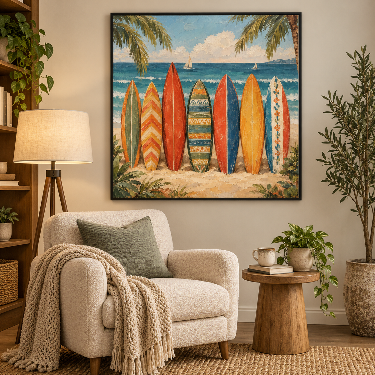 Colorful Vintage Surfboard Wall Art, Colorful Beach Oil Painting, Retro Boho Coastal Canvas