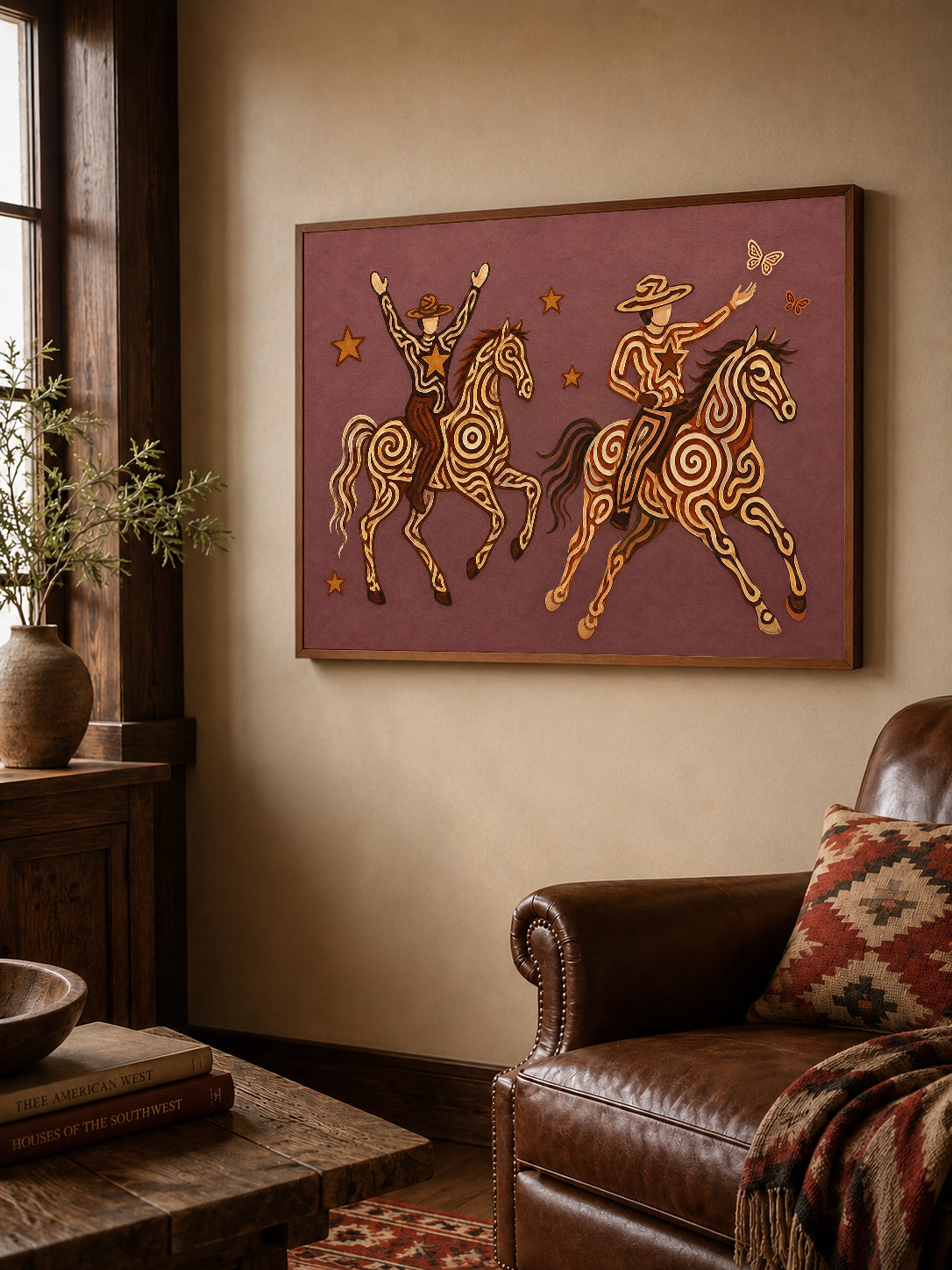 Whimsical Cowboy Cowgirl Painting, Pink Western Horse Art, Southwestern Folk Decor