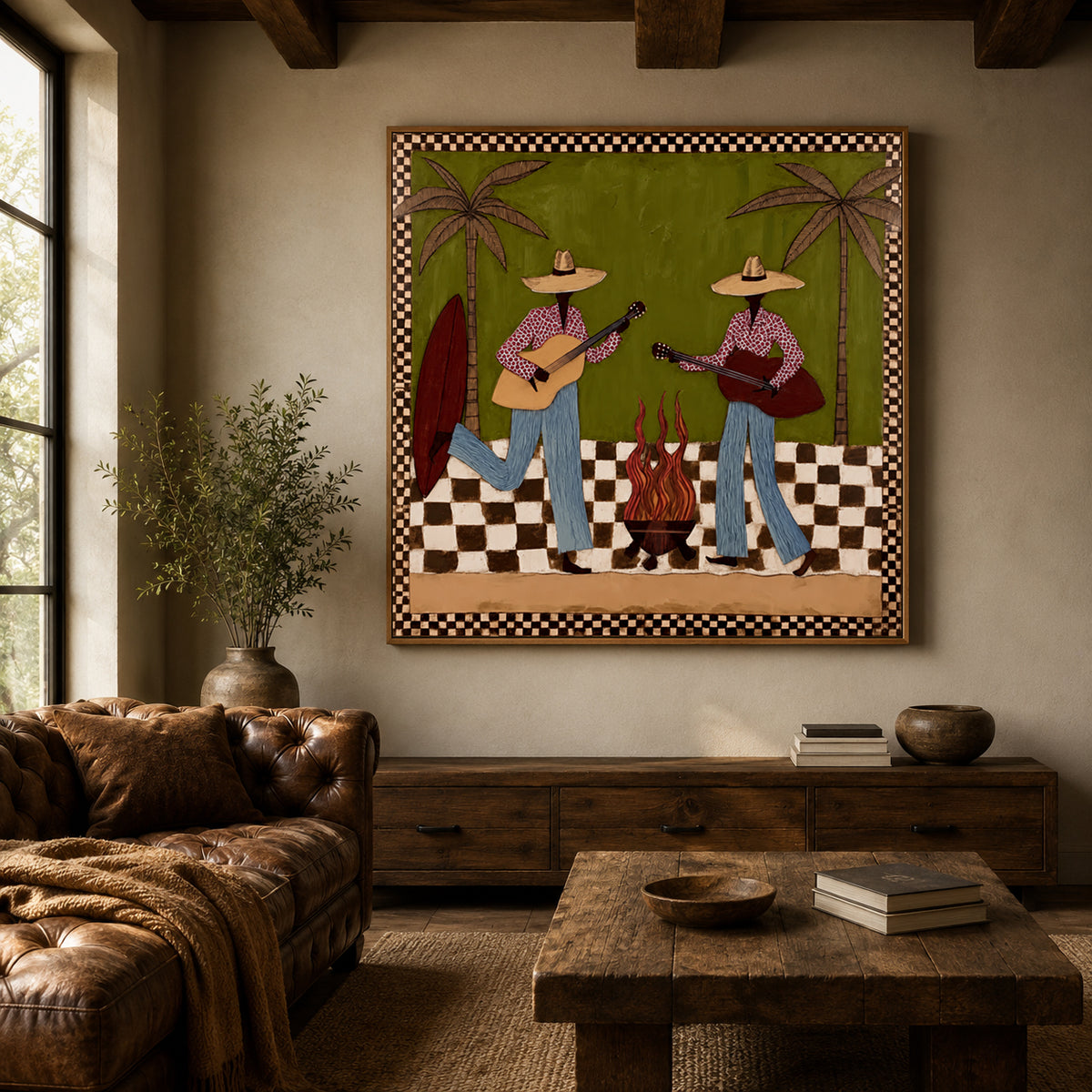 Cowgirl Guitar Painting, Retro Western Music Wall Art With Palm Trees, Olive Green Southwest Decor