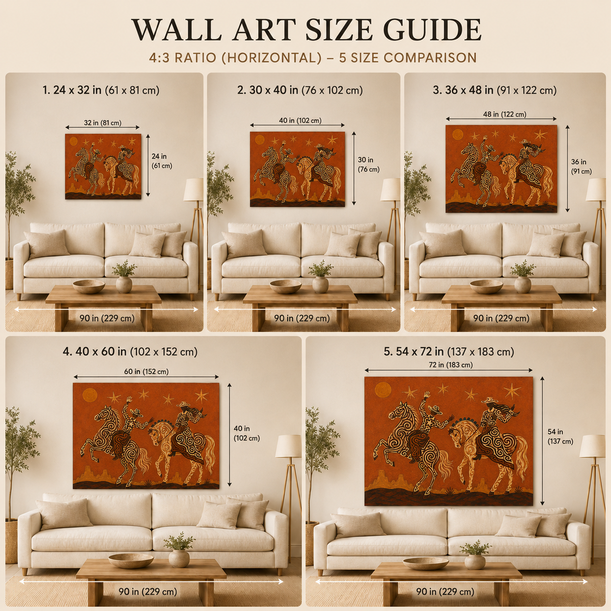 Cowboy Cowgirl Horse Painting, Orange Desert Western Folk Art, Southwestern Riders Decor