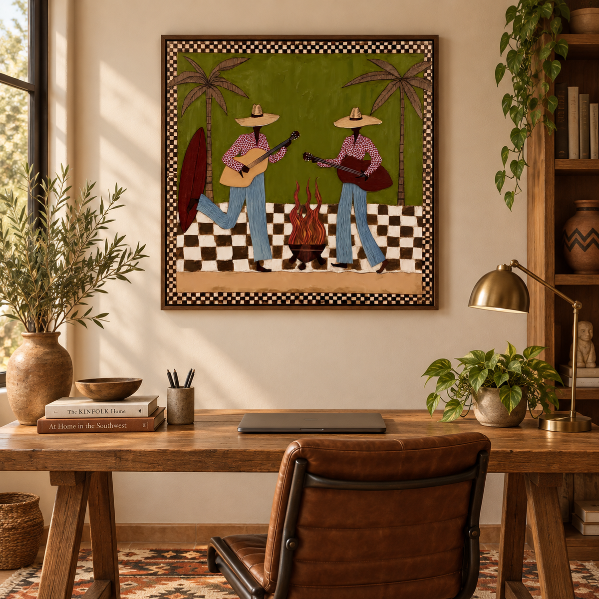 Cowgirl Guitar Painting, Retro Western Music Wall Art With Palm Trees, Olive Green Southwest Decor