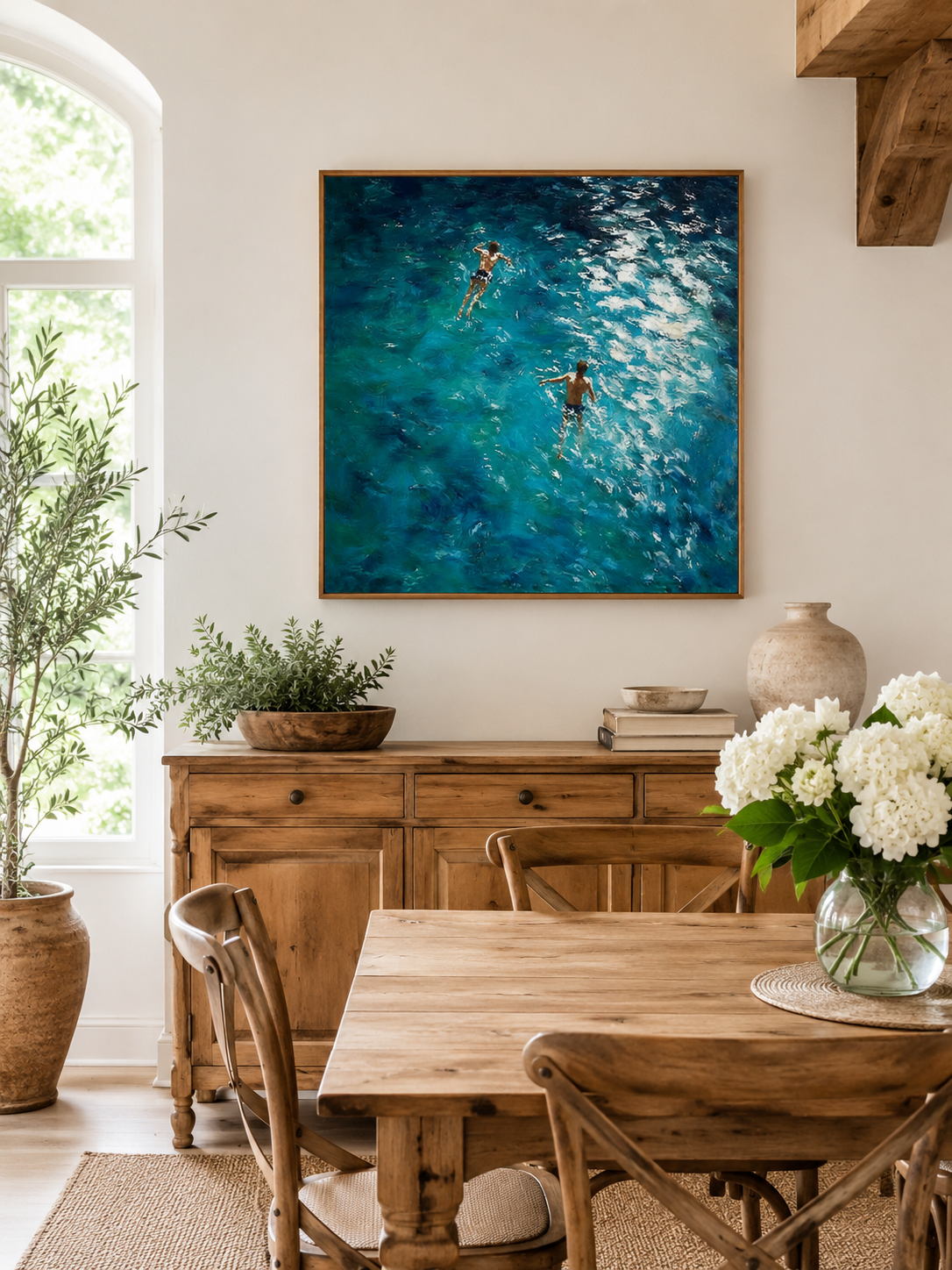 Deep Blue Ocean Swimming Oil Painting With Thick Textured Waves For Modern Home Decor