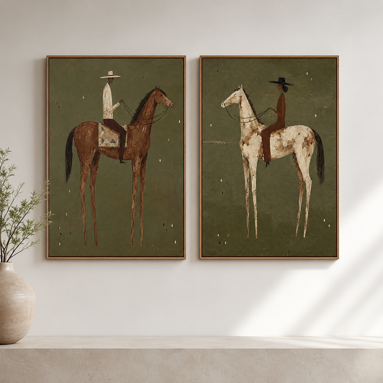 Vintage Equestrian Horse Painting Set With Riders In Earthy Tones For Classic Home Decor