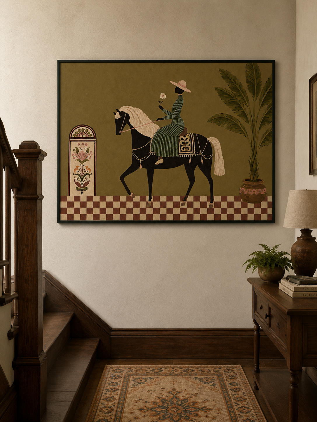 Tropical Equestrian Woman Painting, Vintage Resort Horse Art, Botanical Wall Decor