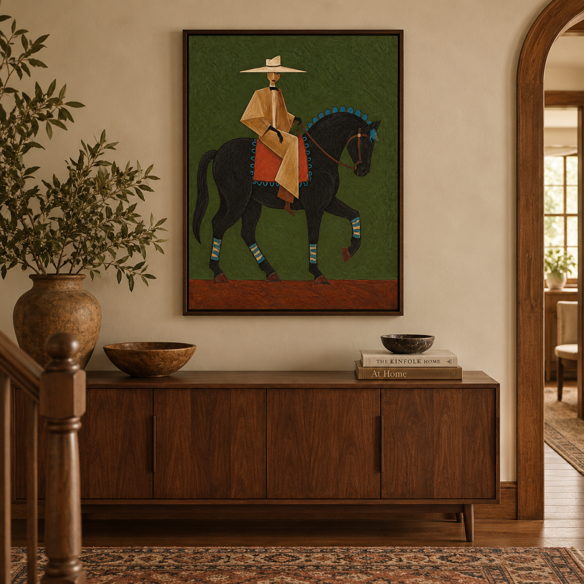 Green Background Fine Art Vintage Cowboy And Horse Canvas Painting Gentleman On Black Horse Canvas Art