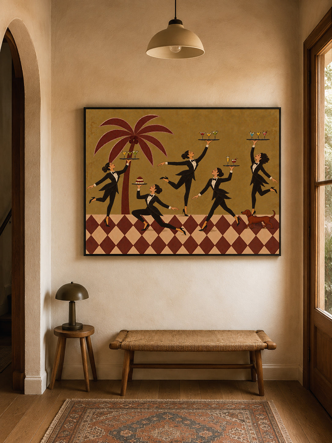 Vintage Women In Tuxedos Serving Cocktails Square Canvas Art With Red Palm Tree