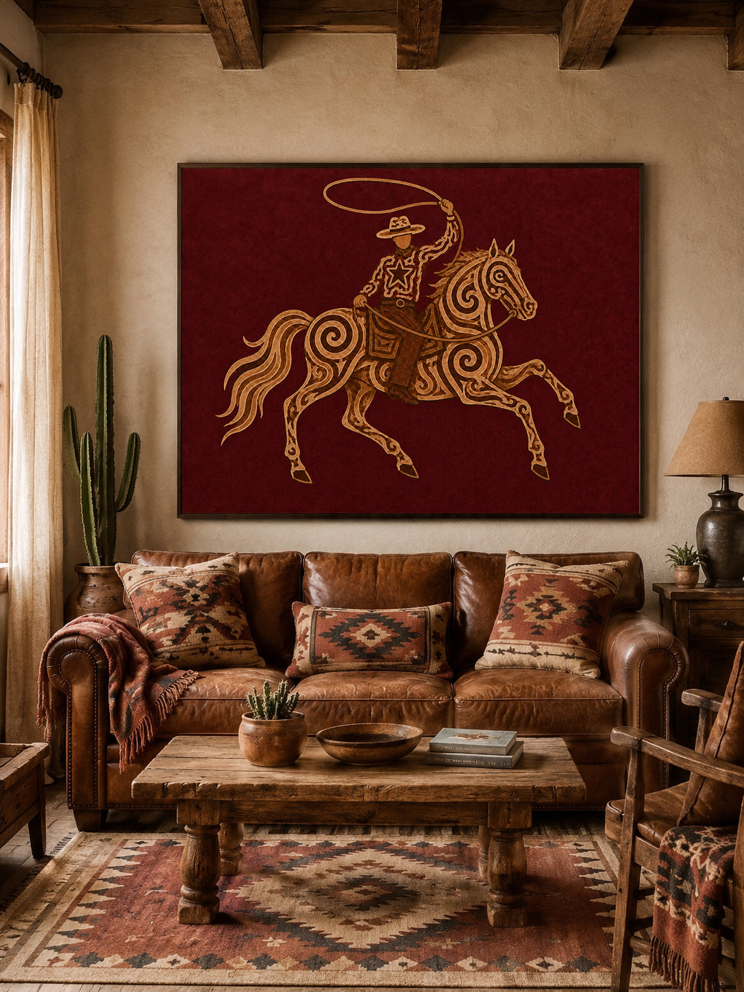 Red Cowboy Horse Oil Painting, Burgundy Western Wall Art, Lasso Rodeo Ranch Decor