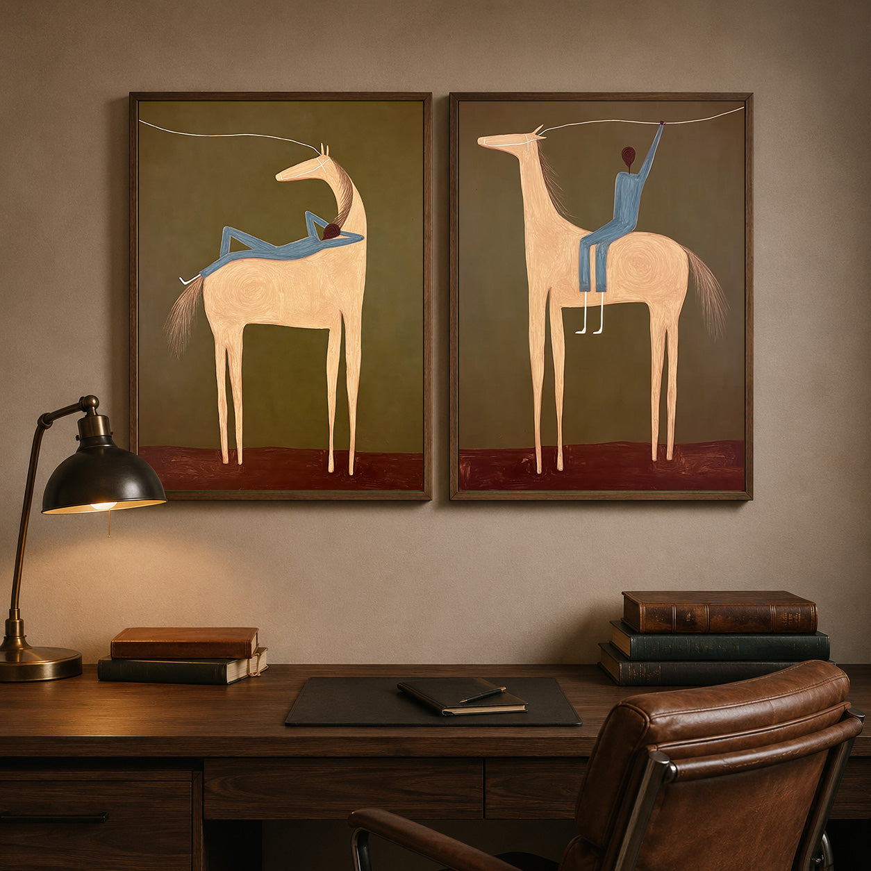 Vintage Minimalist Horse Painting Set Original Canvas Art For Living Room Decor