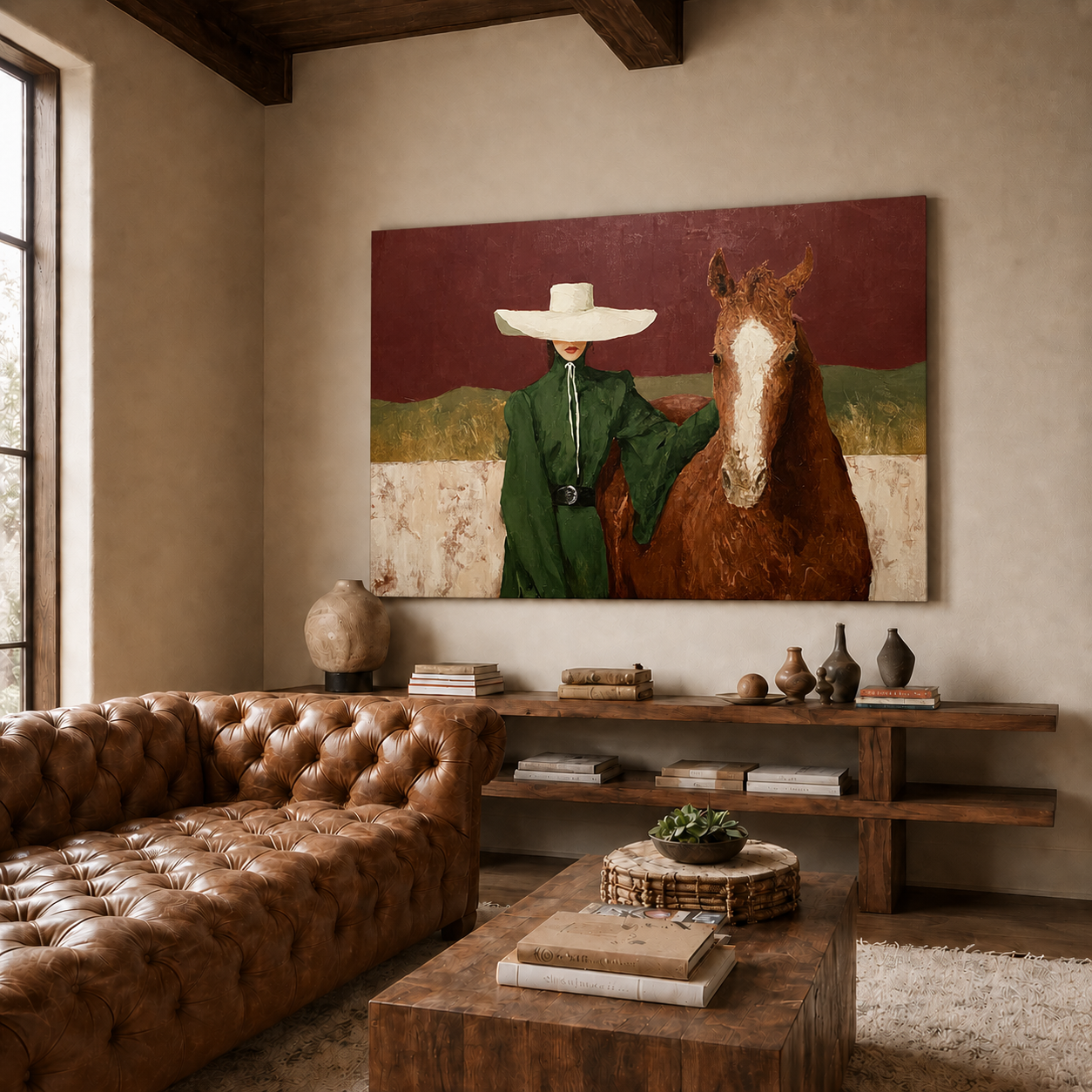Elegant Woman With Horse Painting In Burgundy And Green For Modern Home Wall Art Decor