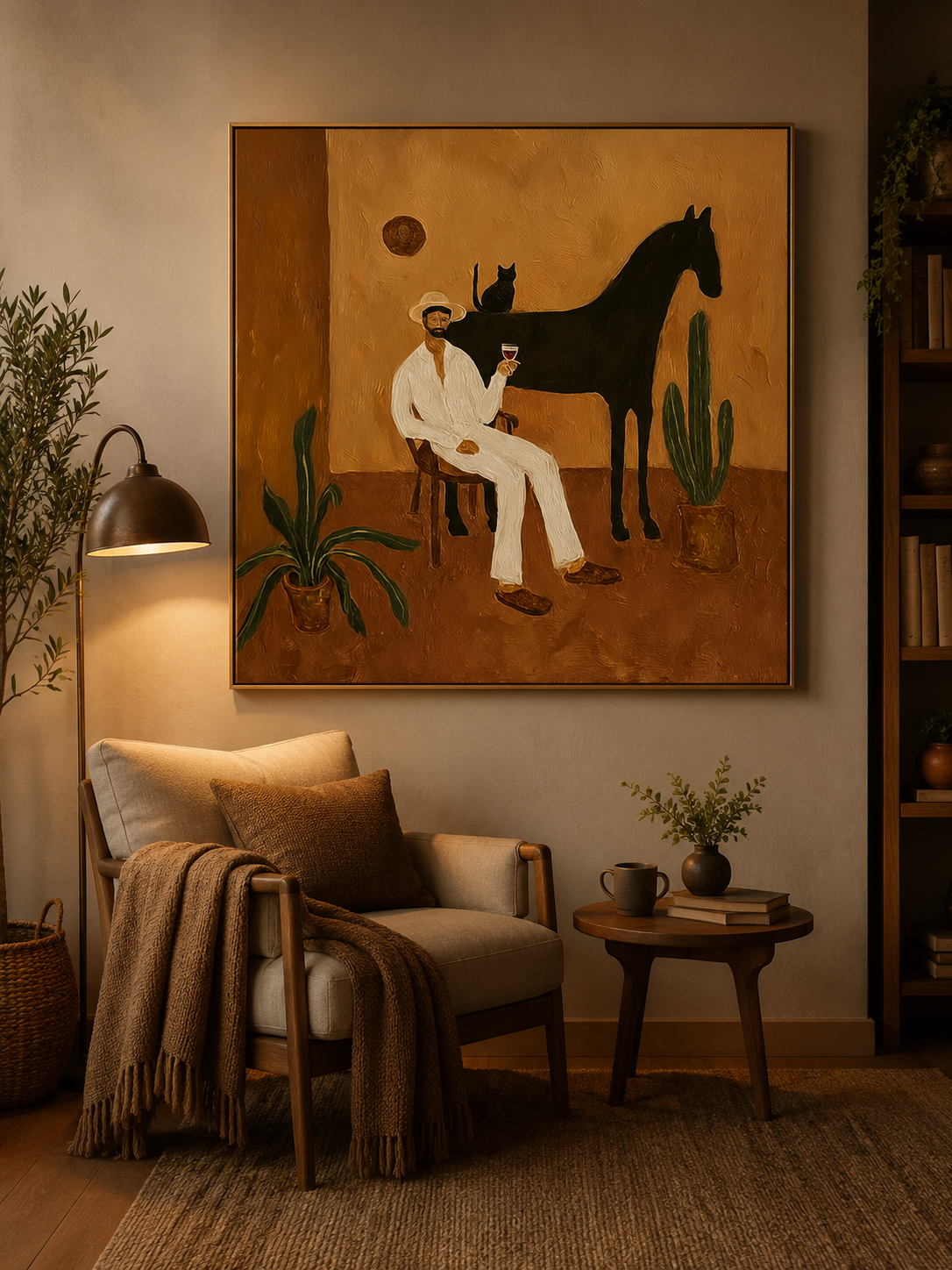 Elegant Man With Black Cat Painting For Mens Study Decor And Cat Lovers Gift