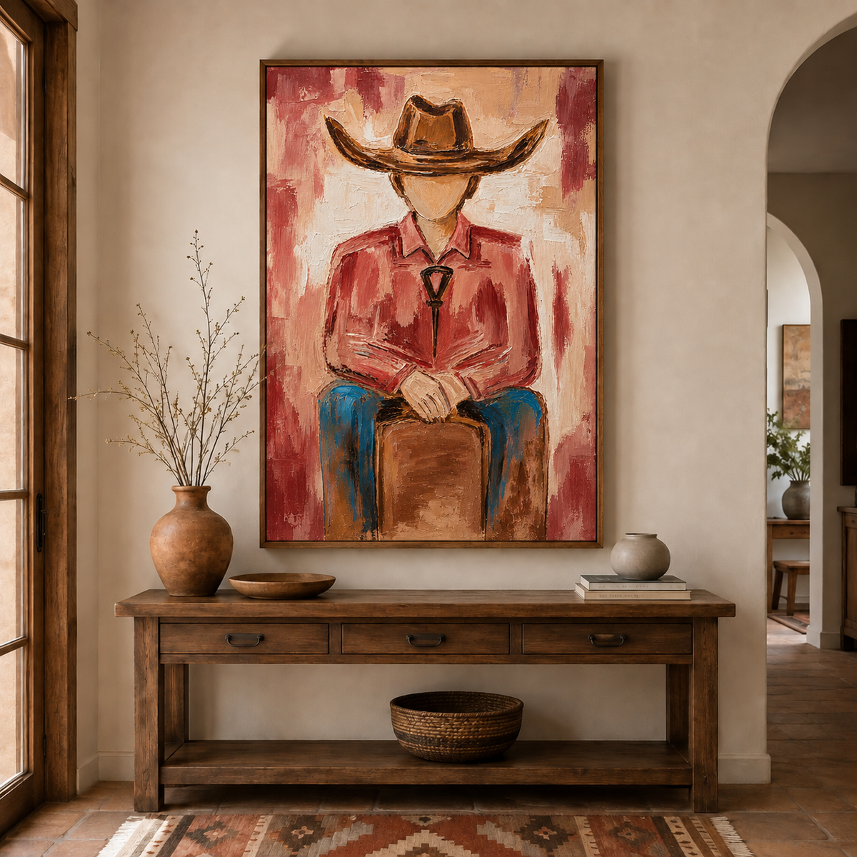 Cowboy Portrait Canvas Painting With Red Shirt And Hat Original Hand-Painted Wall Art