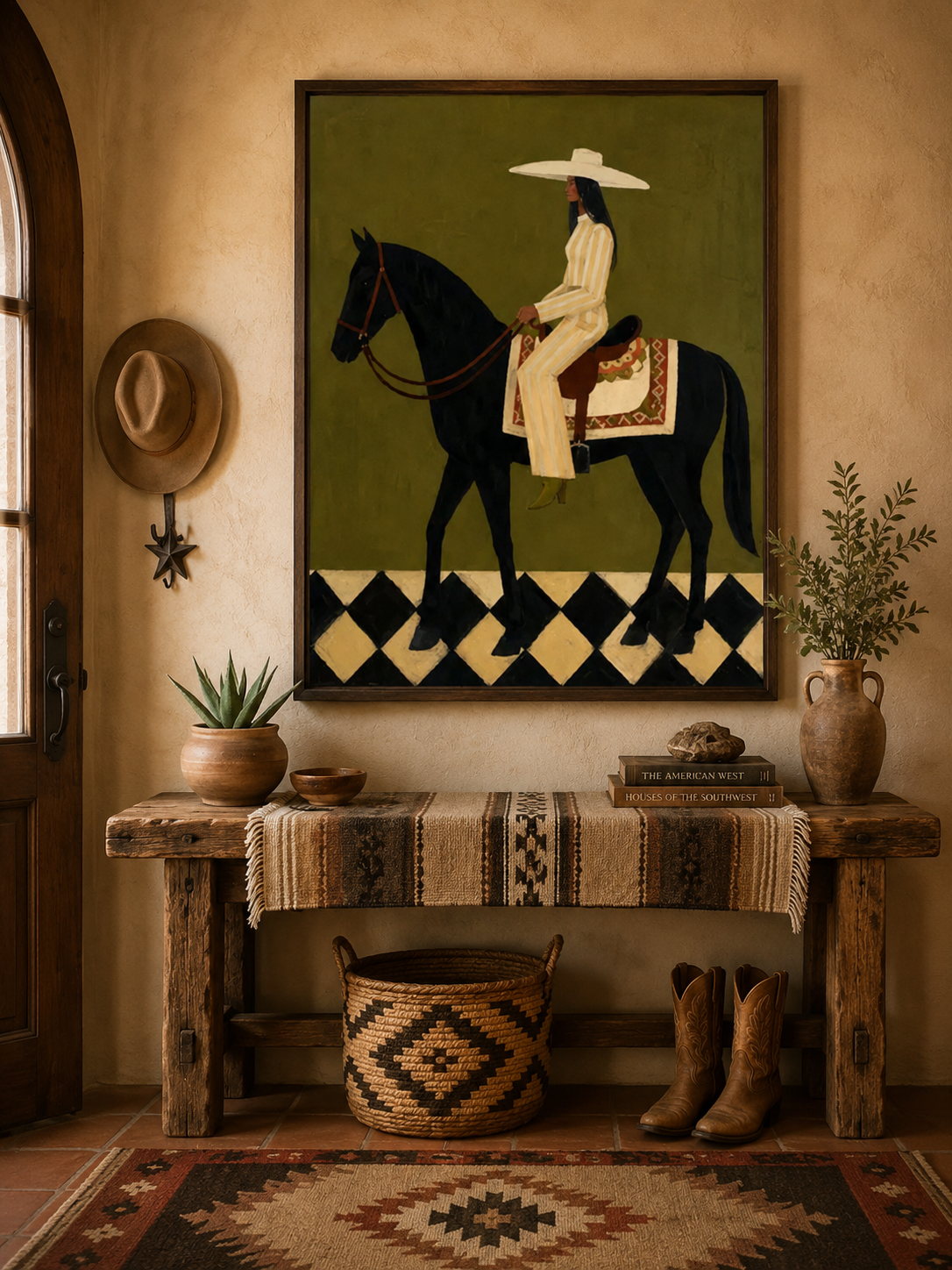 Retro Equestrian Art Painting Olive Green Background Woman On Horse Wall Decor
