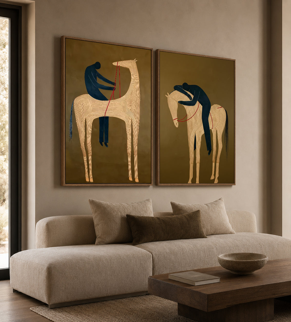 Original Equestrian Oil Painting Set Of Two With Green Background And Linear Horse Design
