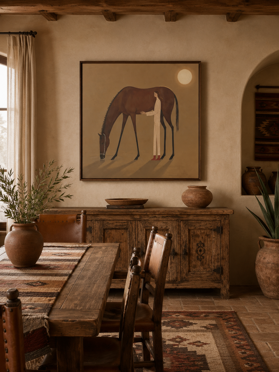 Wabi Sabi Girl And Horse Painting With Moonlight Earth Tones For Cozy Living Room Decor
