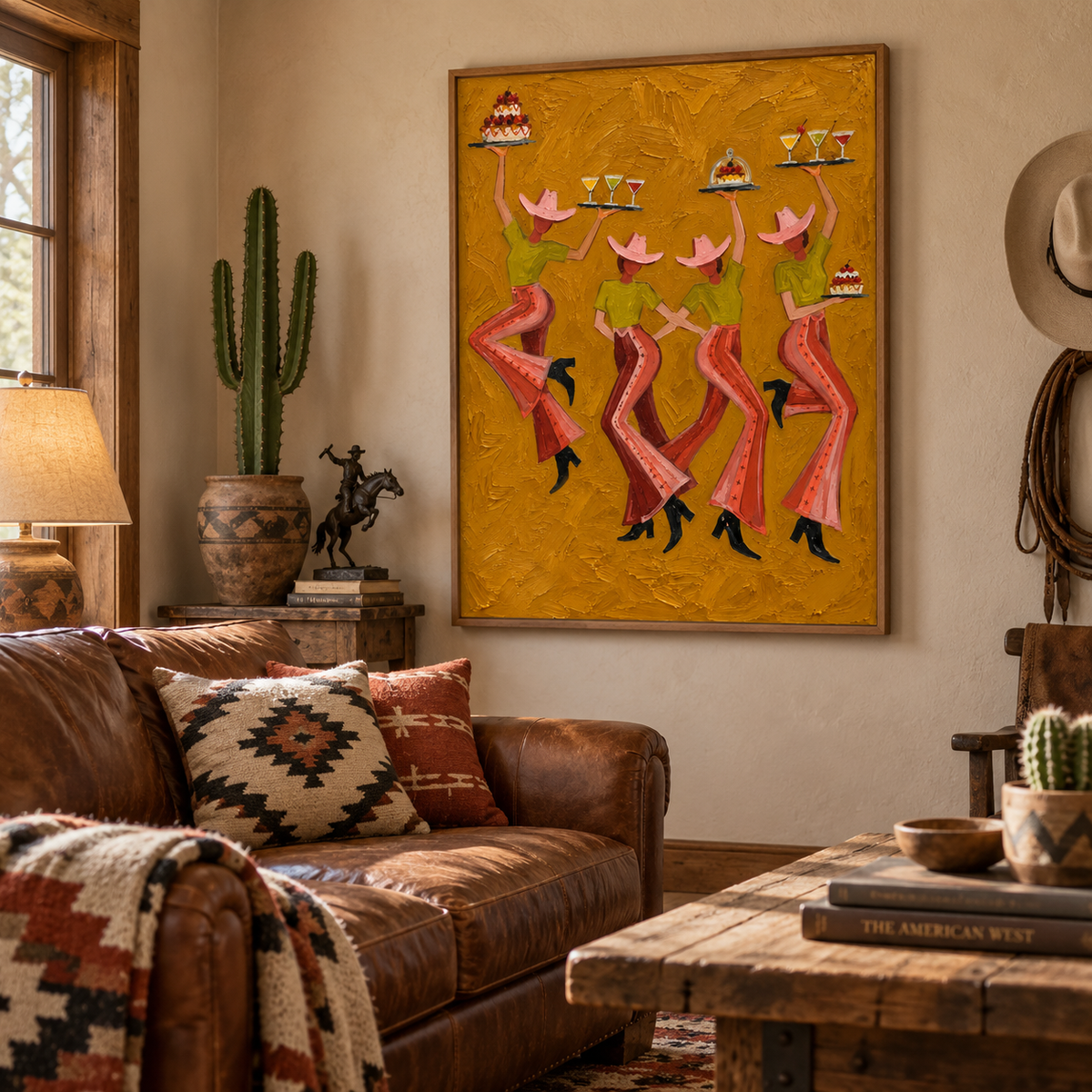 Vintage Cowgirl Party Canvas Painting With Cocktails And Cakes For Rustic Decor