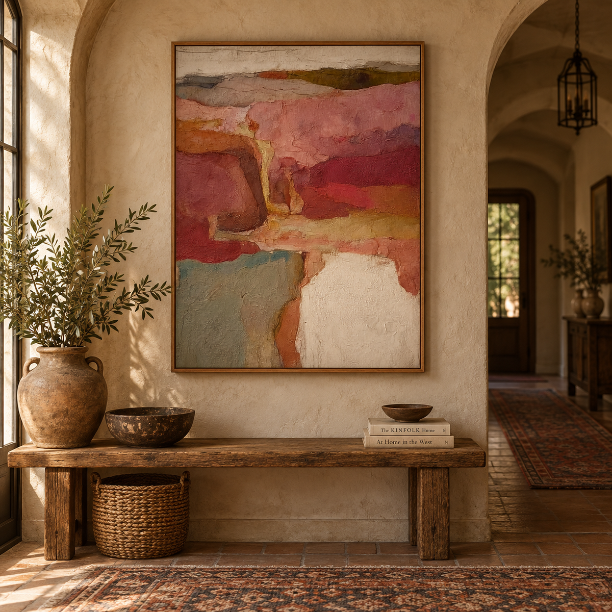 Abstract Burgundy And Sage Green Canvas Painting Hand-Painted Original Art For Modern Walls