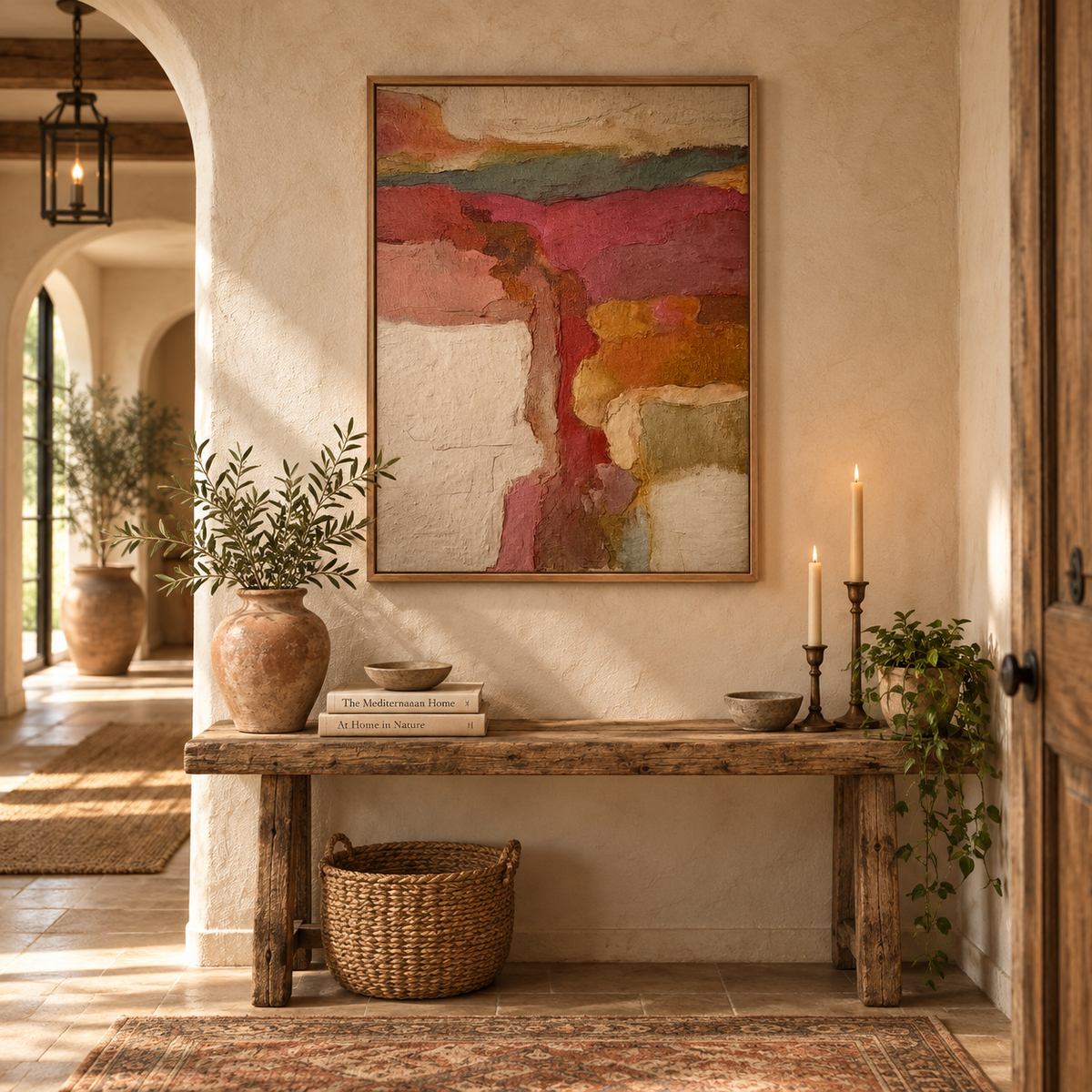 Abstract Earth Tone Canvas Painting With Textured Vintage Landscape Art