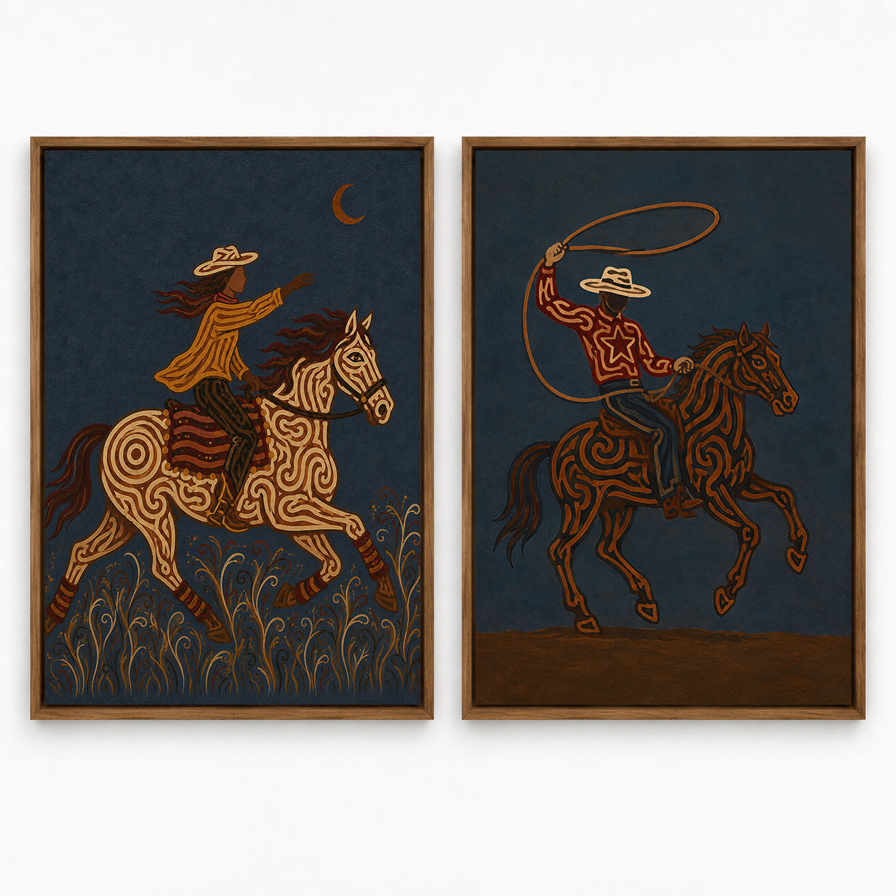 Moody Dark Blue Western Cowboy Wall Art Set Of 2, Vintage Equestrian Canvas Painting For Living Room