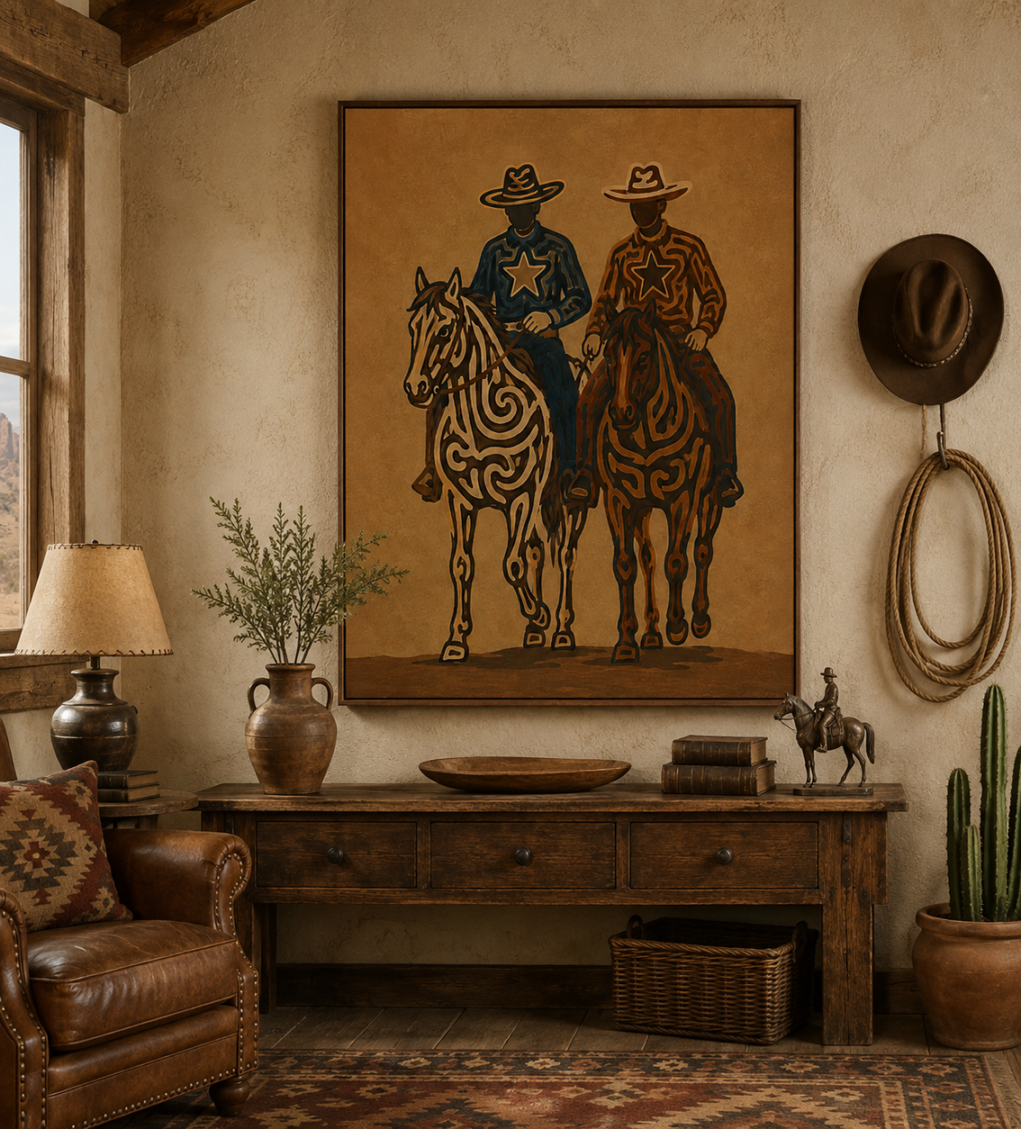 Two Cowboys Horse Painting, Western Riders Wall Art, Rustic Southwestern Ranch Decor
