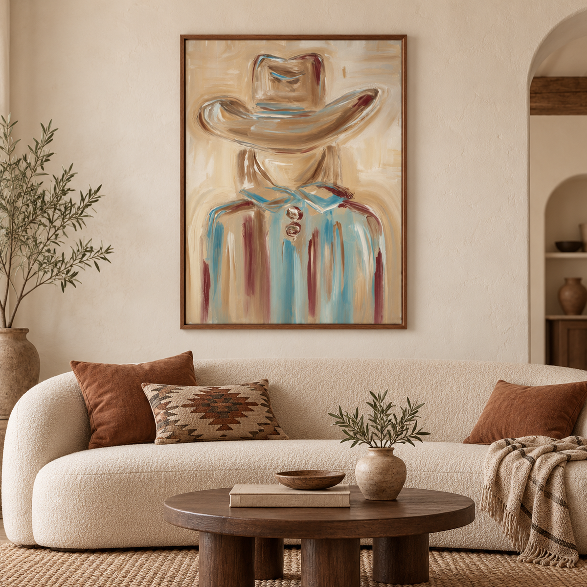 Cowgirl Portrait Canvas Painting Hand-Painted Wall Art In Blue And Beige