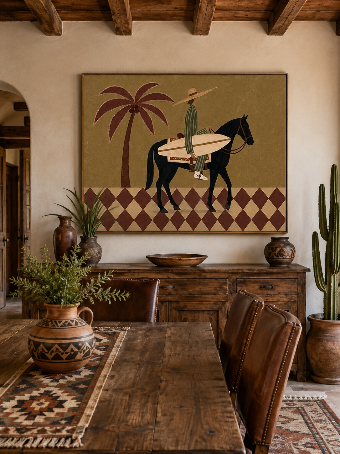 Olive Green Canvas Art With Diamond Floor Pattern And Rider Silhouette For Boho Chic Interior