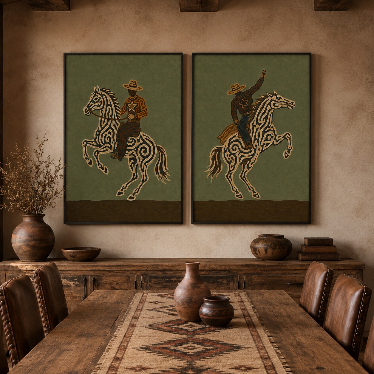 Vintage Western Cowboy Horse Art Olive Green Wall Decor For Living Room Rustic Home
