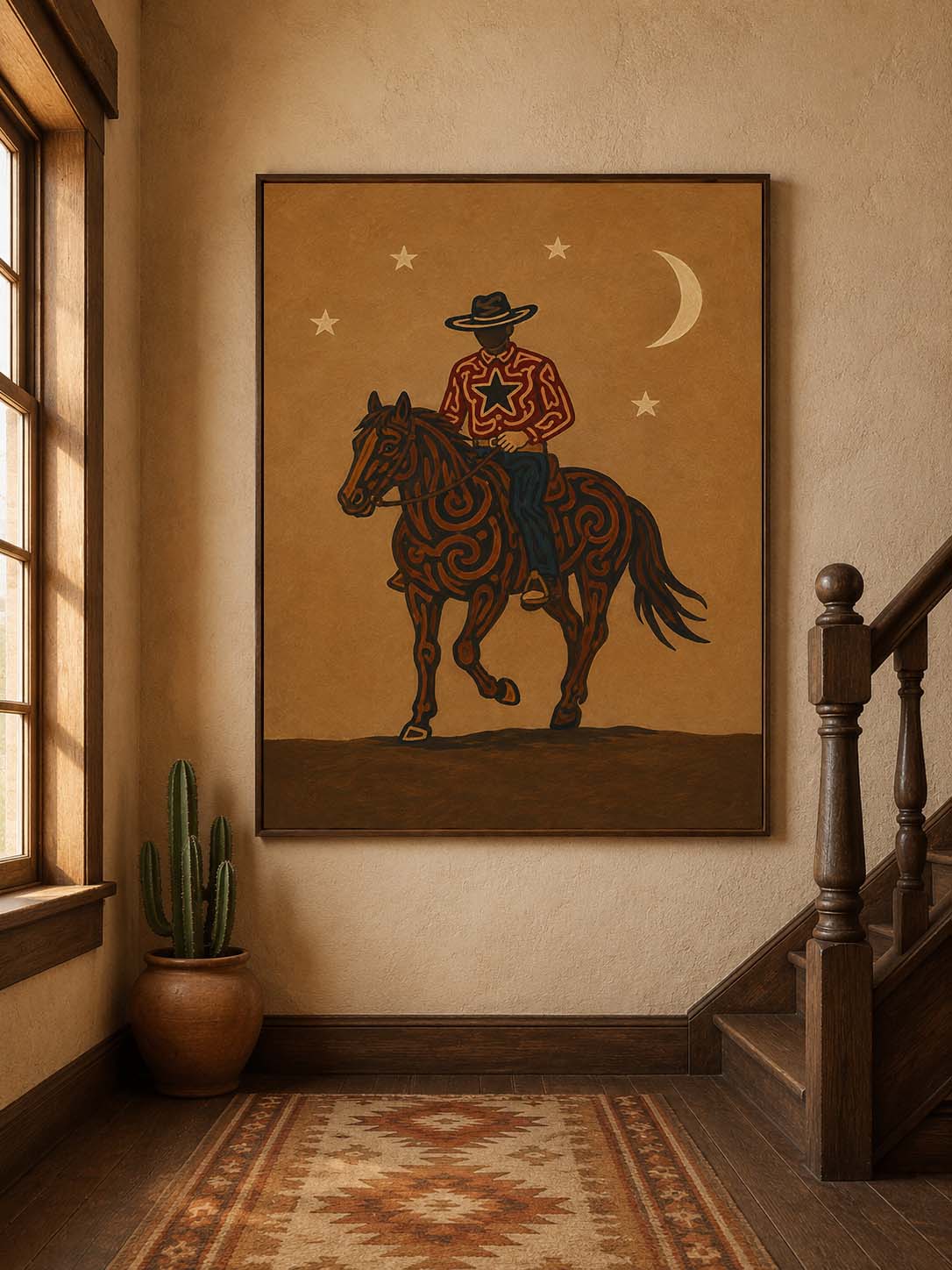 Moonlit Cowboy Horse Painting, Western Folk Wall Art, Southwestern Ranch Night Decor