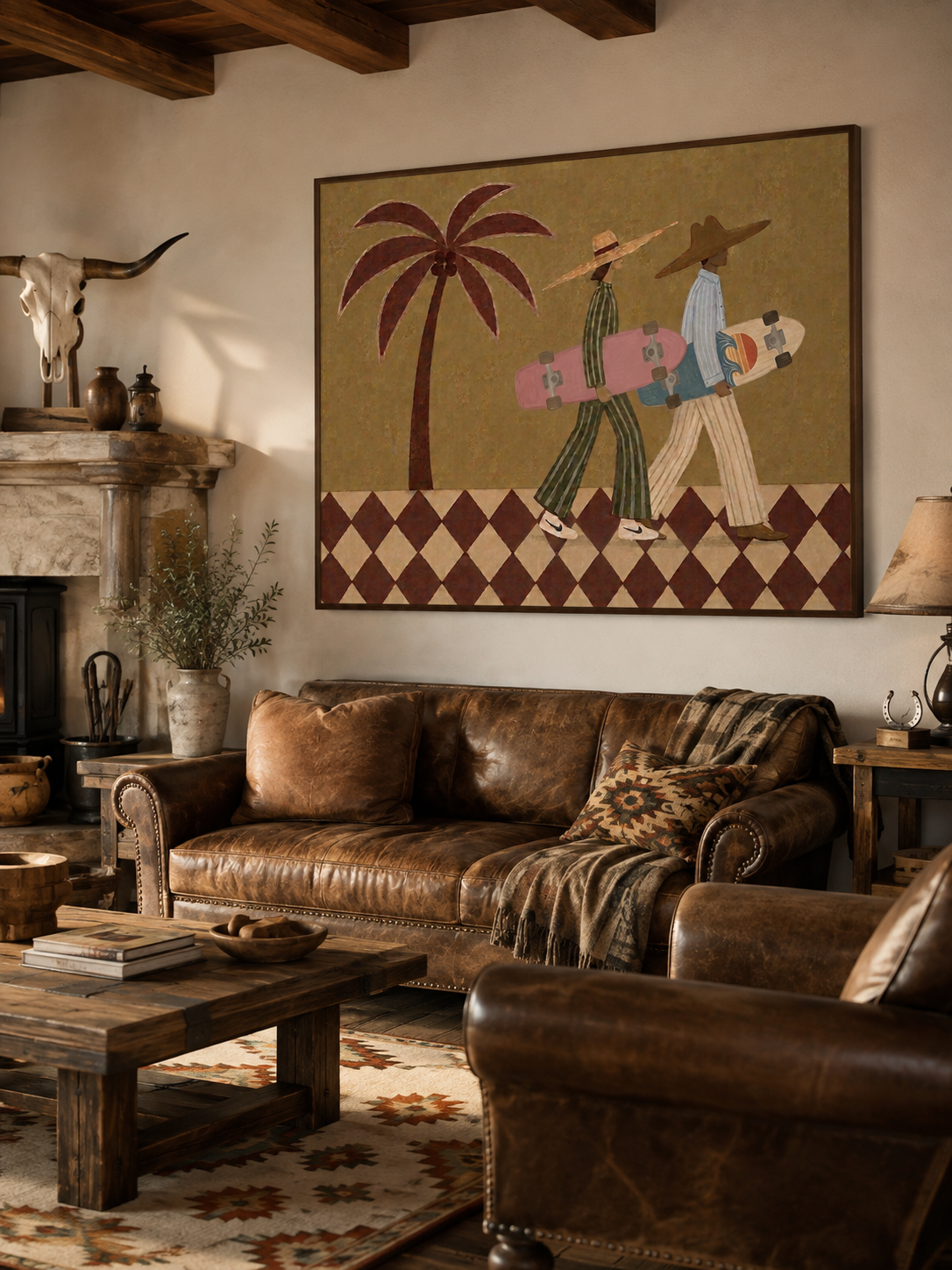 Vintage Skateboard Art With Palm Tree In Warm Brown Tones For Modern Home Decor